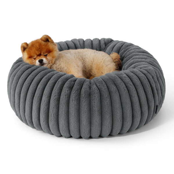 Bedsure Cat Bed for Indoor Cats - 51x51x15 cm Fluffy Cat Donut Bed with Corduroy Fleece & Anti Slip Bottom, Puppy Kitten Beds Washable with Removable Cover, Dark Grey