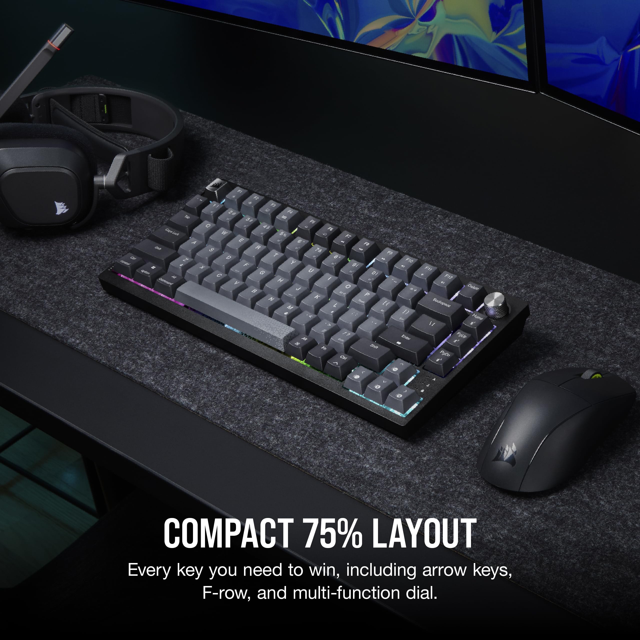 Corsair K65 PLUS WIRELESS 75% RGB Hot-Swappable Mechanical Gaming Keyboard – Pre-Lubricated MLX Fusion Tactile Switches – Dual-Layer Sound Dampening – PBT Keycaps – QWERTY UK – Black