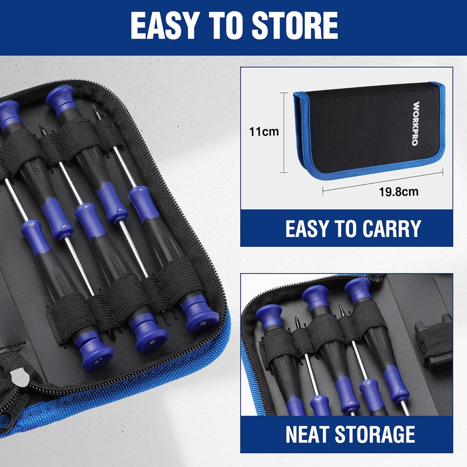 WORKPRO Precision Screwdriver Set 10-Piece, Cr-V Steel Small Screwdrivers Set, with Phillips, Slotted and Torx Tip, Organized in Zip Case, Ideal for Watch, Laptop