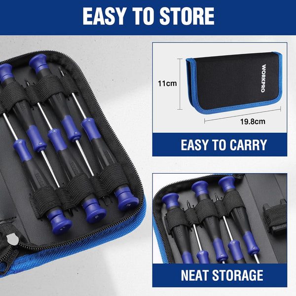 WORKPRO Precision Screwdriver Set 10-Piece, Cr-V Steel Small Screwdrivers Set, with Phillips, Slotted and Torx Tip, Organized in Zip Case, Ideal for Watch, Laptop