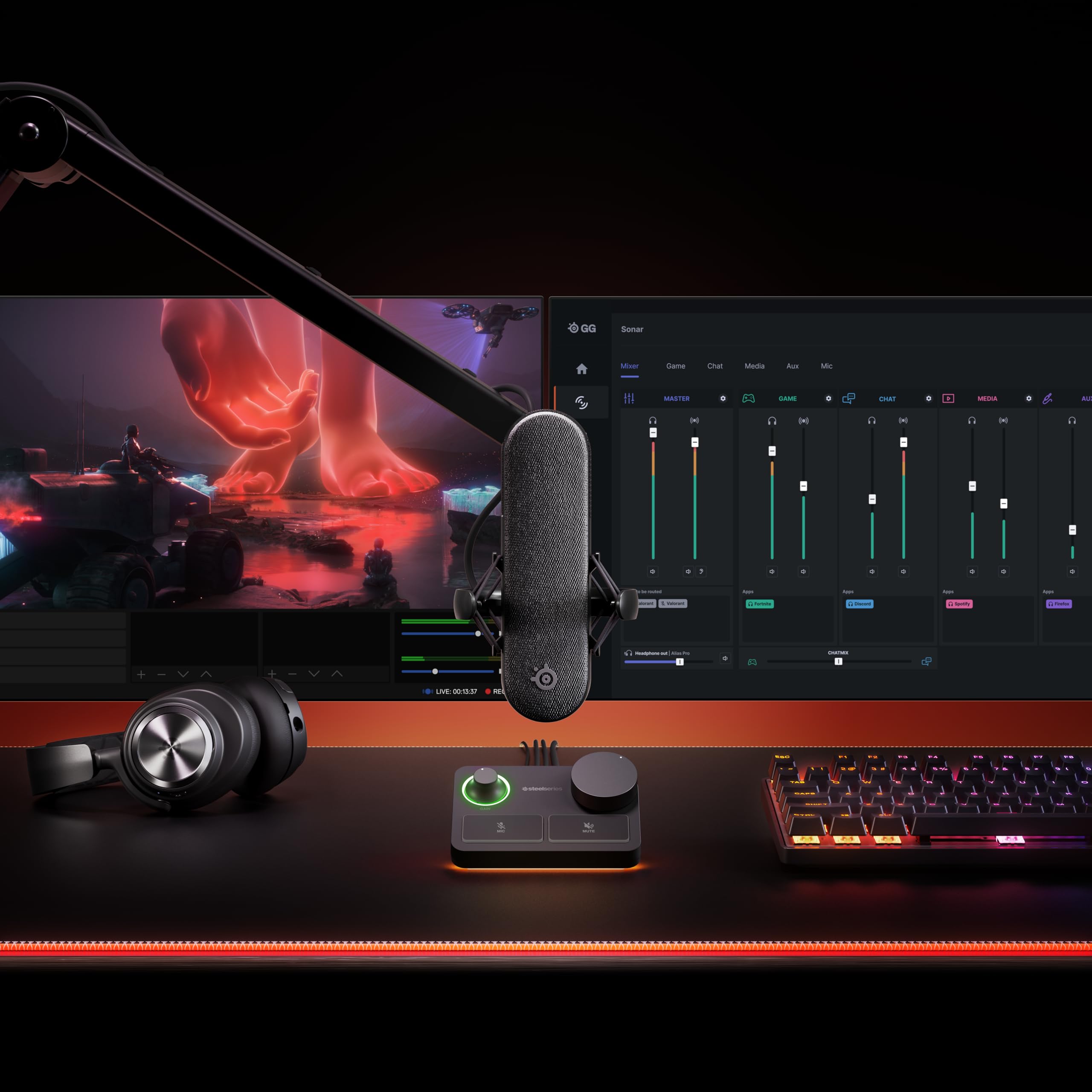 SteelSeries Alias USB Mic for PC — 3x Bigger Capsule for Gaming, Streaming and Podcasting — Sonar for Streamers Audio Software — AI Noise Cancelling — LED Mute & Level Monitoring — Shock Mount - Black