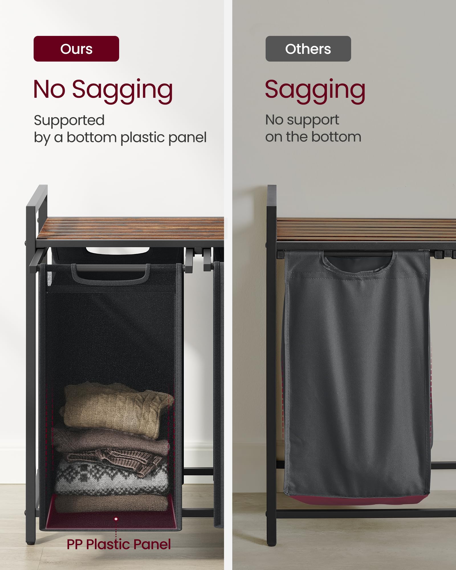 VASAGLE Laundry Basket, Laundry Hamper, Pull-Out and Removable Liner Bag, Shelf, Metal Frame, 65 L, 50 x 33 x 72 cm, Ink Black and Rustic Brown BLH101B01