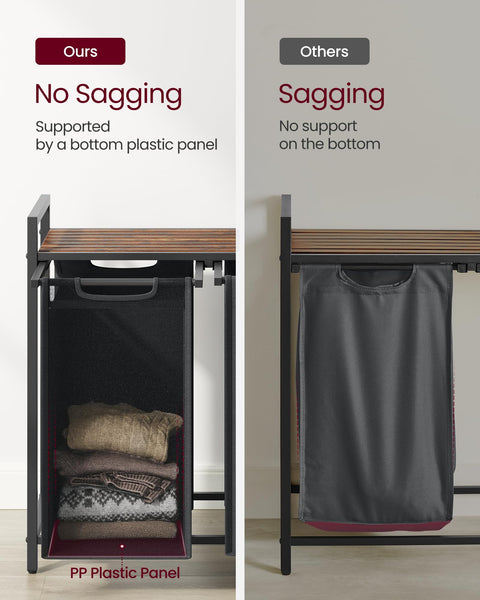 VASAGLE Laundry Basket, Laundry Hamper, Pull-Out and Removable Liner Bag, Shelf, Metal Frame, 65 L, 50 x 33 x 72 cm, Ink Black and Rustic Brown BLH101B01