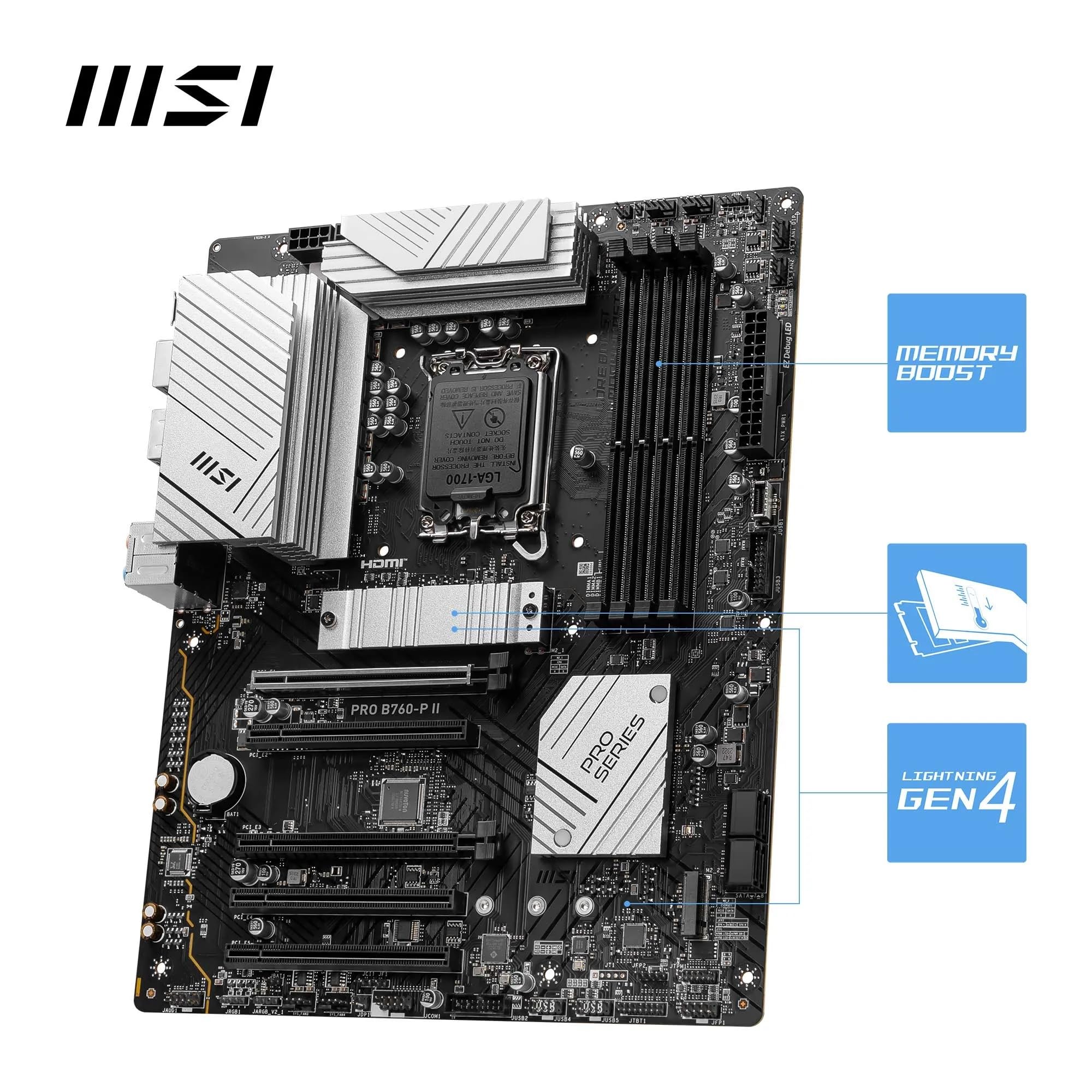MSI B760 GAMING PLUS WIFI DDR4 Motherboard, ATX - Supports Intel 14th, 13th & 12th Gen Core Processors, LGA 1700 - DDR4 Memory Boost 5333+MHz/OC, 1x PCIe 4.0 x16, 2 x M.2 Gen4, 2.5G LAN, Wi-Fi 6E