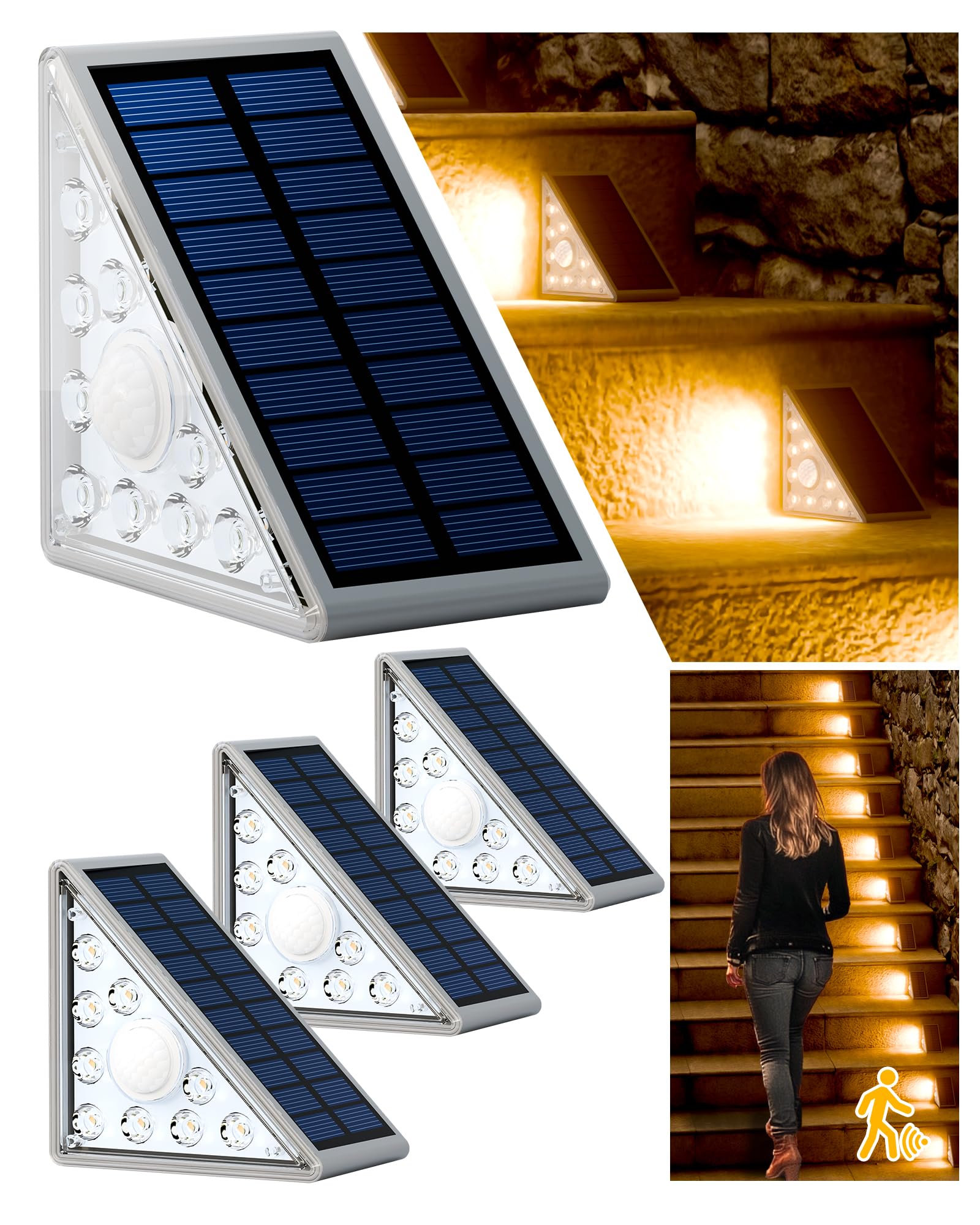 Asteria Motion Sensor Solar Step Lights Outdoor 4Pack, IP67 Waterproof with 9LEDs for Enhanced Brightness, Auto-On Security & Decorative Lighting for