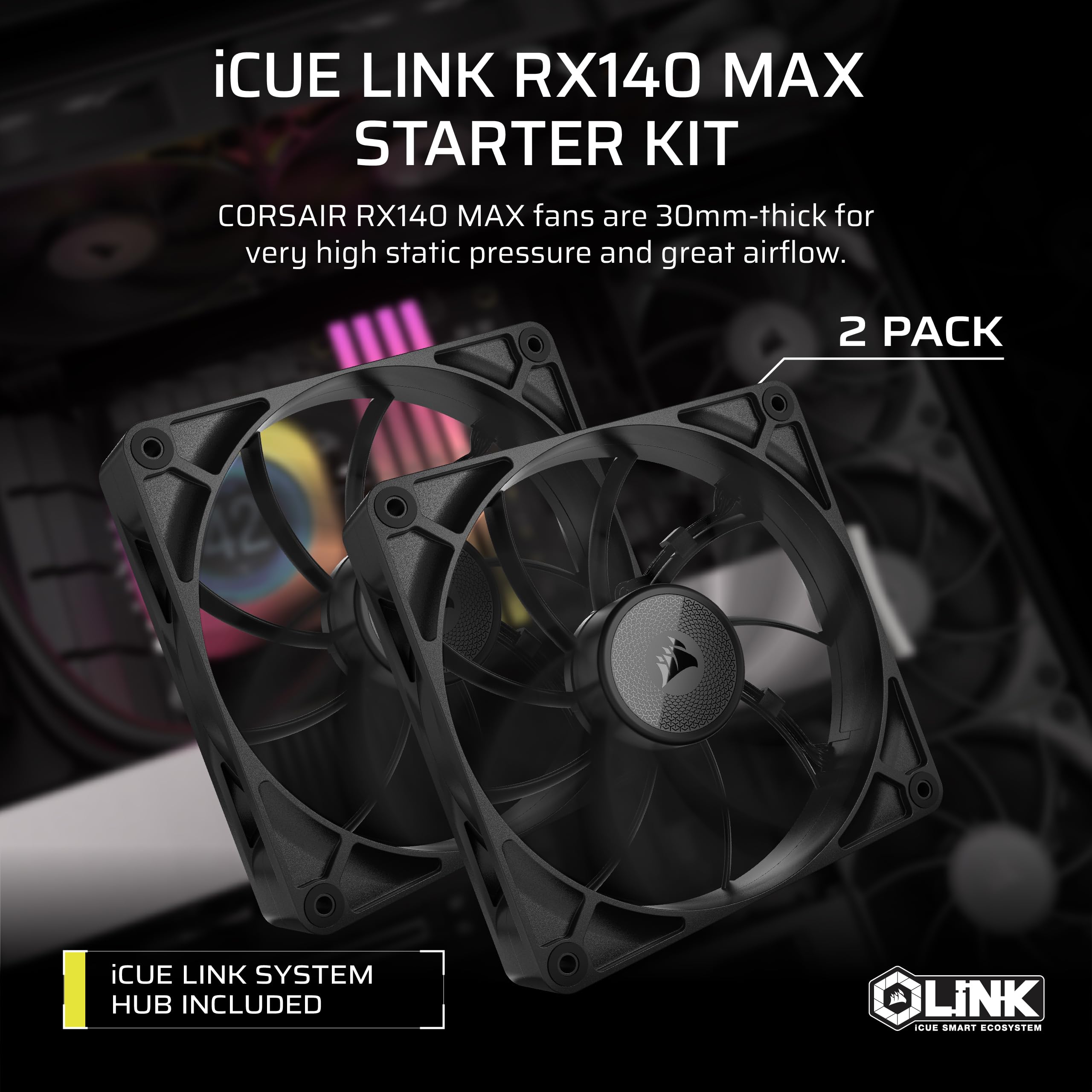 CORSAIR iCUE LINK RX120 MAX RGB 120mm PWM Thick Fans with iCUE LINK System Hub – High-Static Pressure – Magnetic Dome Bearing – Triple Pack – White