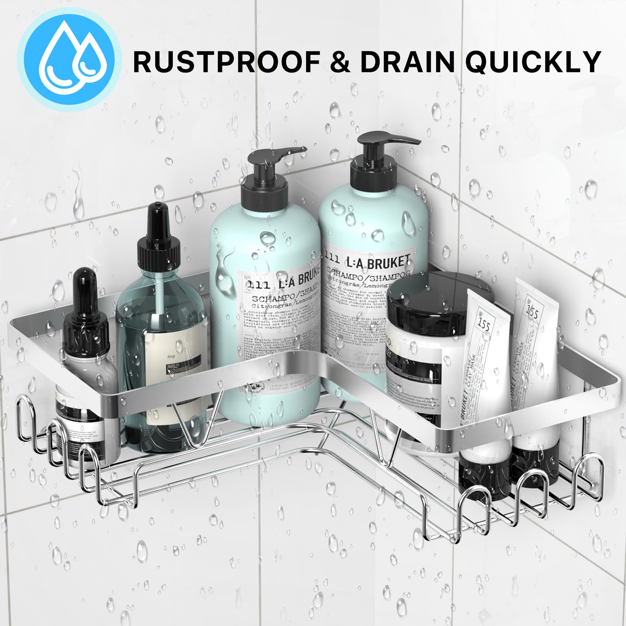 Kegii Telescopic Shower Caddy Corner - Stainless Steel Shower Shelf No Drilling Bathroom Caddy with Soap Holder and Hooks(White), On The Bath or Stand Up Shower