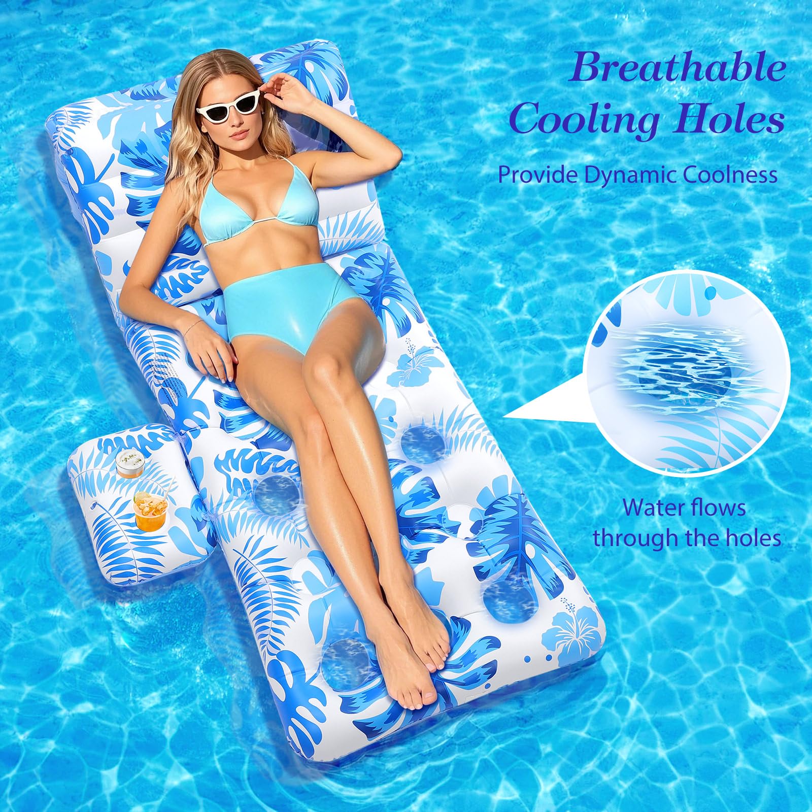 MoKo Pool Floats Adult, Floating Bed with Ice Bar, Tanning Bed Pool Raft Inflatable Lounger with Drink Holder Tanning Chair Inflatable Pool Toys for Party Beach Backyard