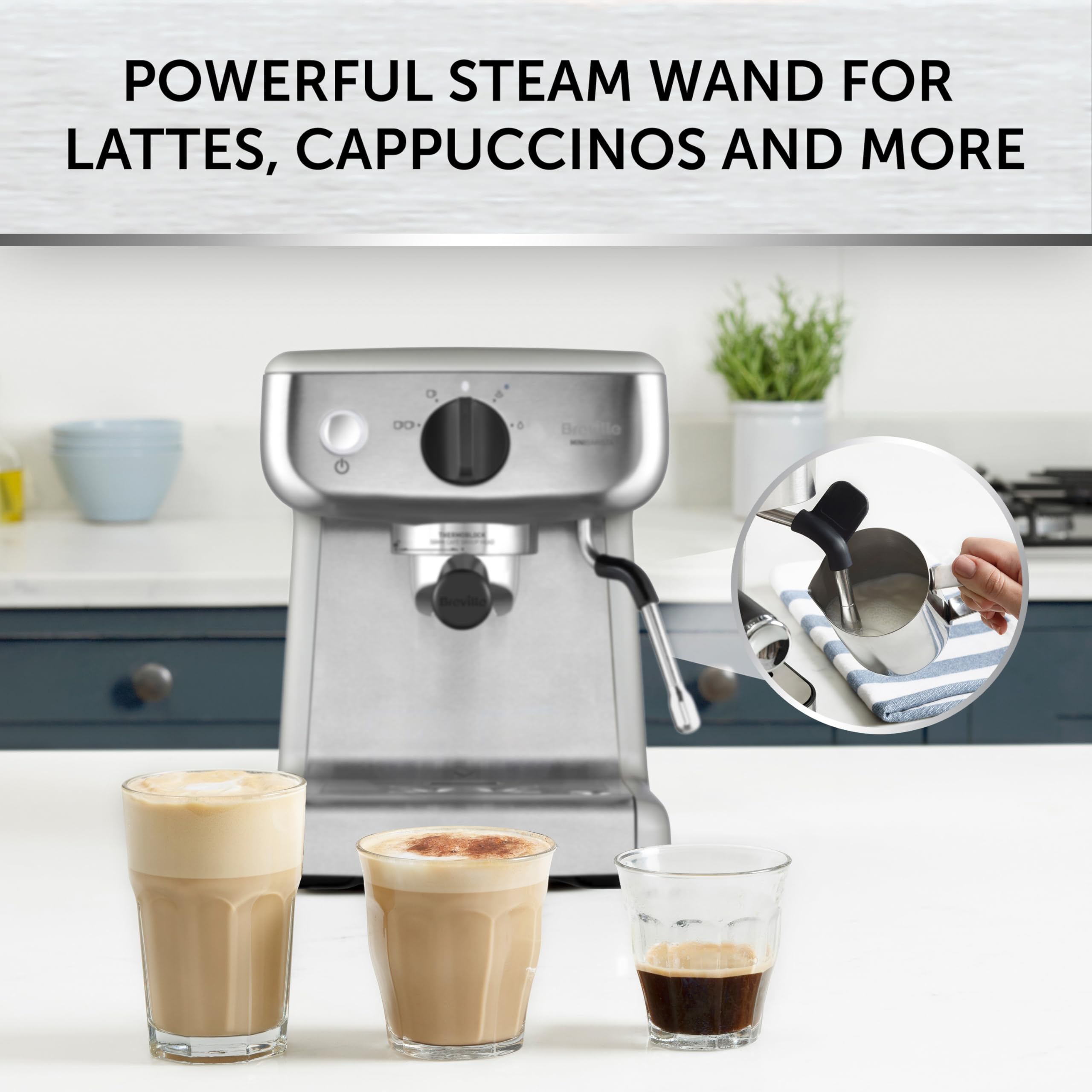BREVILLE Barista Slimline Espresso Machine | Integrated Milk Frother | Compact Coffee Maker for Cappuccinos, Lattes & More | 15 Bar Pump | Silver [VCF185]