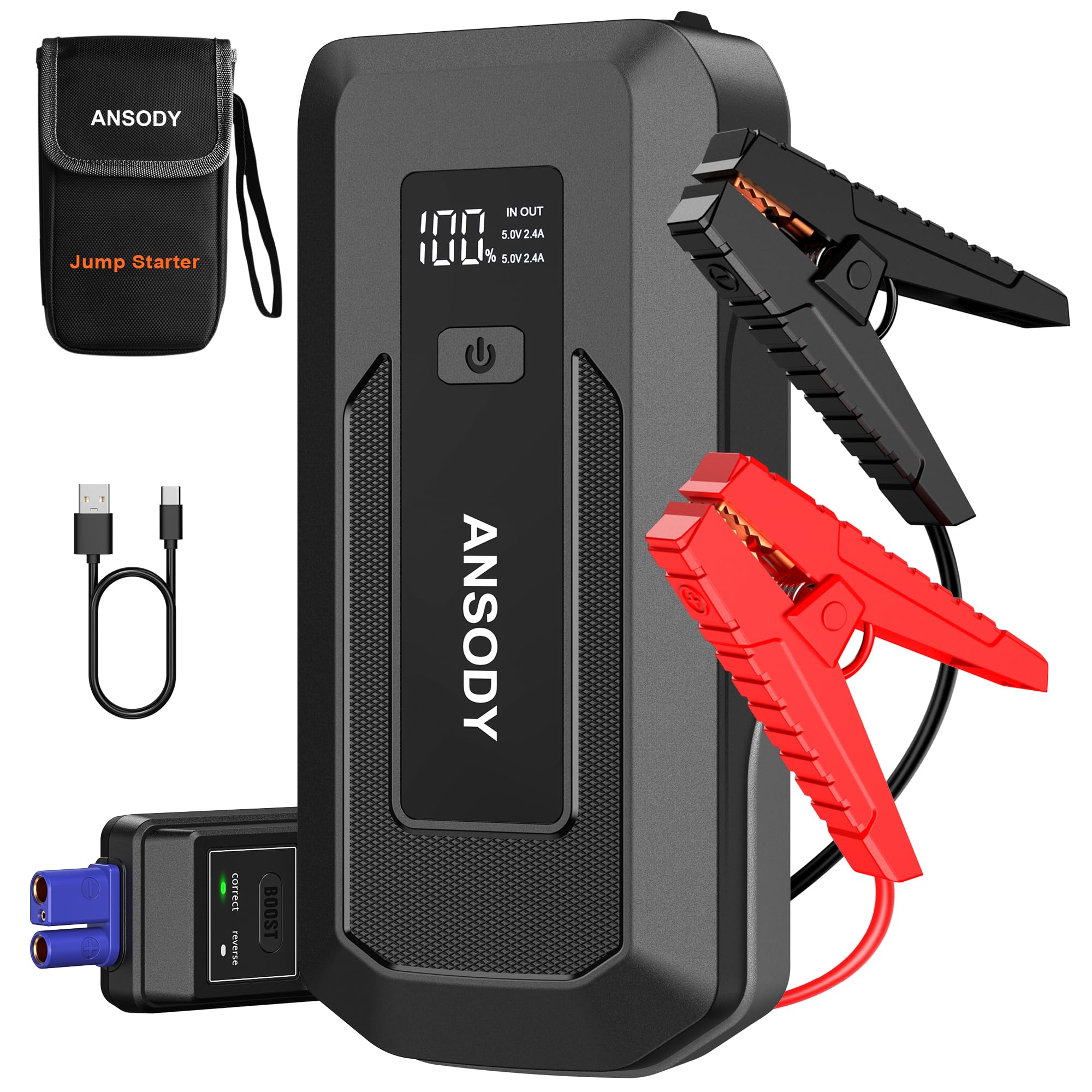 ANSODY Jump Starter Power Pack 3000A (Up to 10.0L Gas,8.0L Diesel), Car Battery Booster Jump Starter with Jump Leads, LED Flashlight, Jump Pack for 12V Vehicles Pickup SUV Motorcycle
