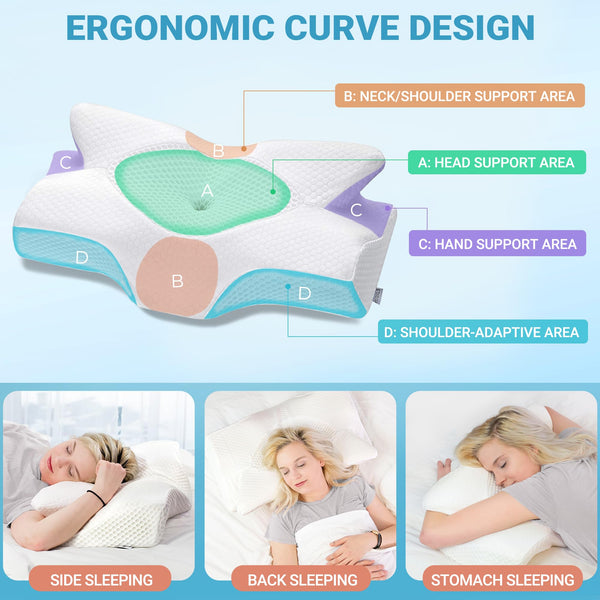Elviros Cervical Memory Foam Pillow for Neck Pain Orthopedic Neck Pillow for Shoulder Pain Ergonomic Head Neck Support Pillow for Side/Back/Stomach