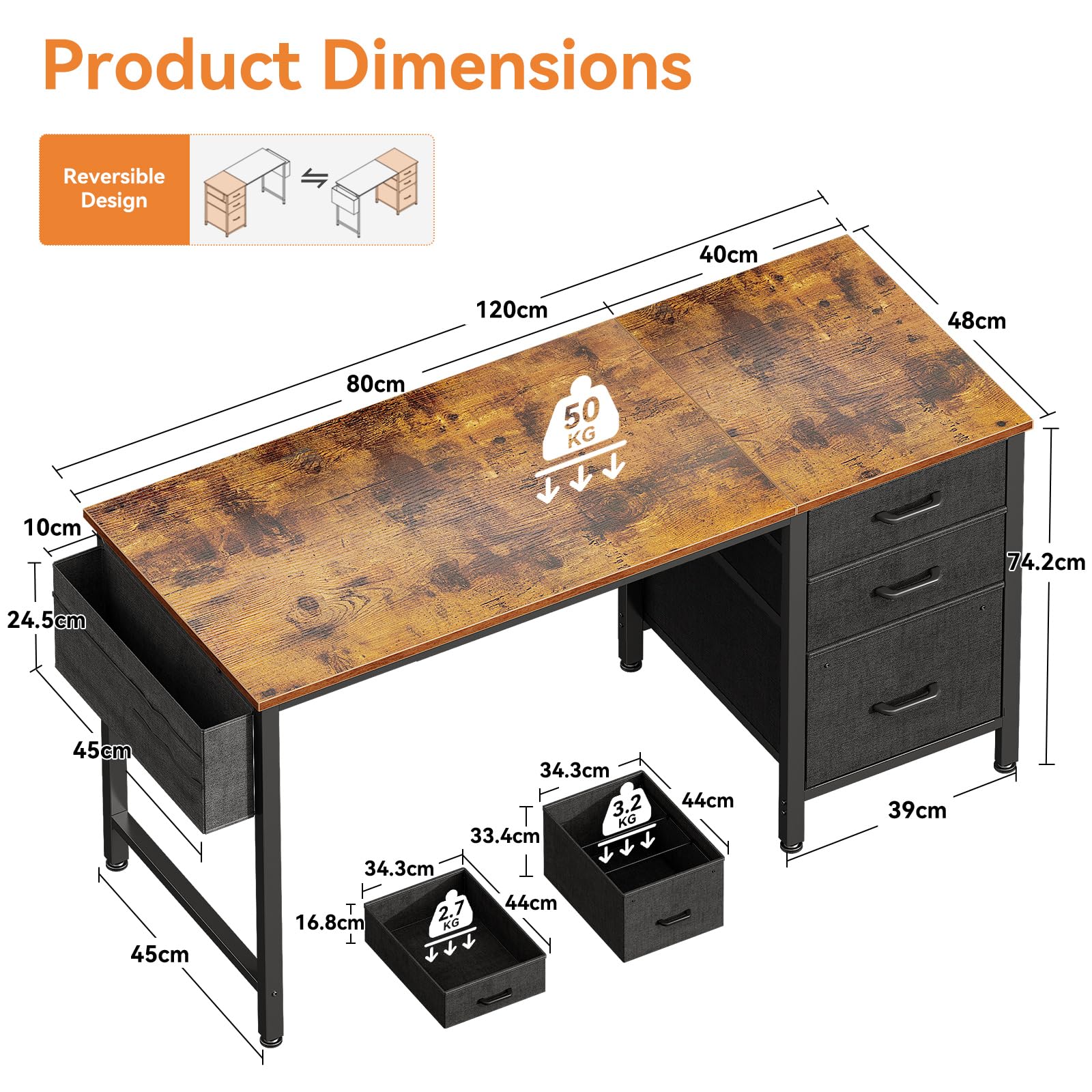 Coleshome Computer Desk with Drawers, 120×48cm Office Desk with Storage, Reversible Small White Desks for Home Office