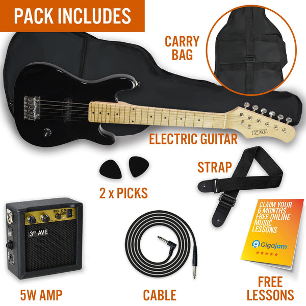 3rd Avenue 1/4 Size Kids Electric Guitar Pack for Junior Beginners - 6 Months FREE Lessons, 5W Portable Amp, Cable, Bag, Picks and Strap - Red