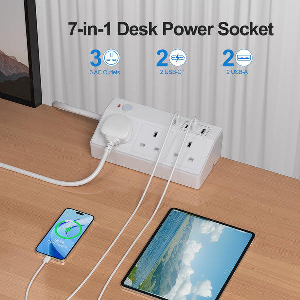 Desk Power Socket with USB C Slots, HAFINO PD 20W Fast Charging Power Station, 2M Extension Lead with USB Slots with Removable Clamp, Desktop Power Strip for Home Office