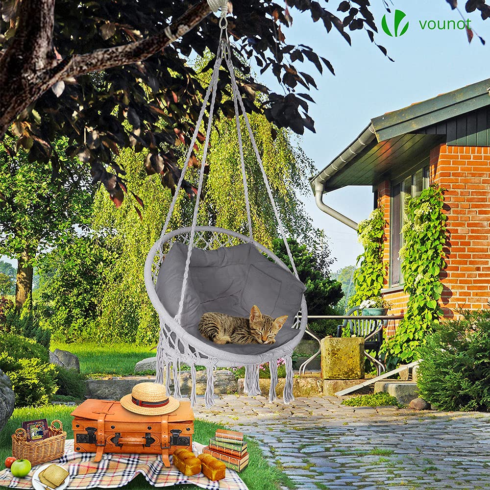 VOUNOT? Hanging Chair with Cushion, Macrame Hammock Swing Chair for Bedroom, Balcony, Patio, Garden, Indoor or Outdoor, 265LBS Capacity, Grey