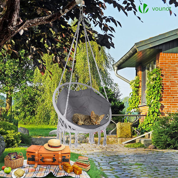 VOUNOT? Hanging Chair with Cushion, Macrame Hammock Swing Chair for Bedroom, Balcony, Patio, Garden, Indoor or Outdoor, 265LBS Capacity, Grey