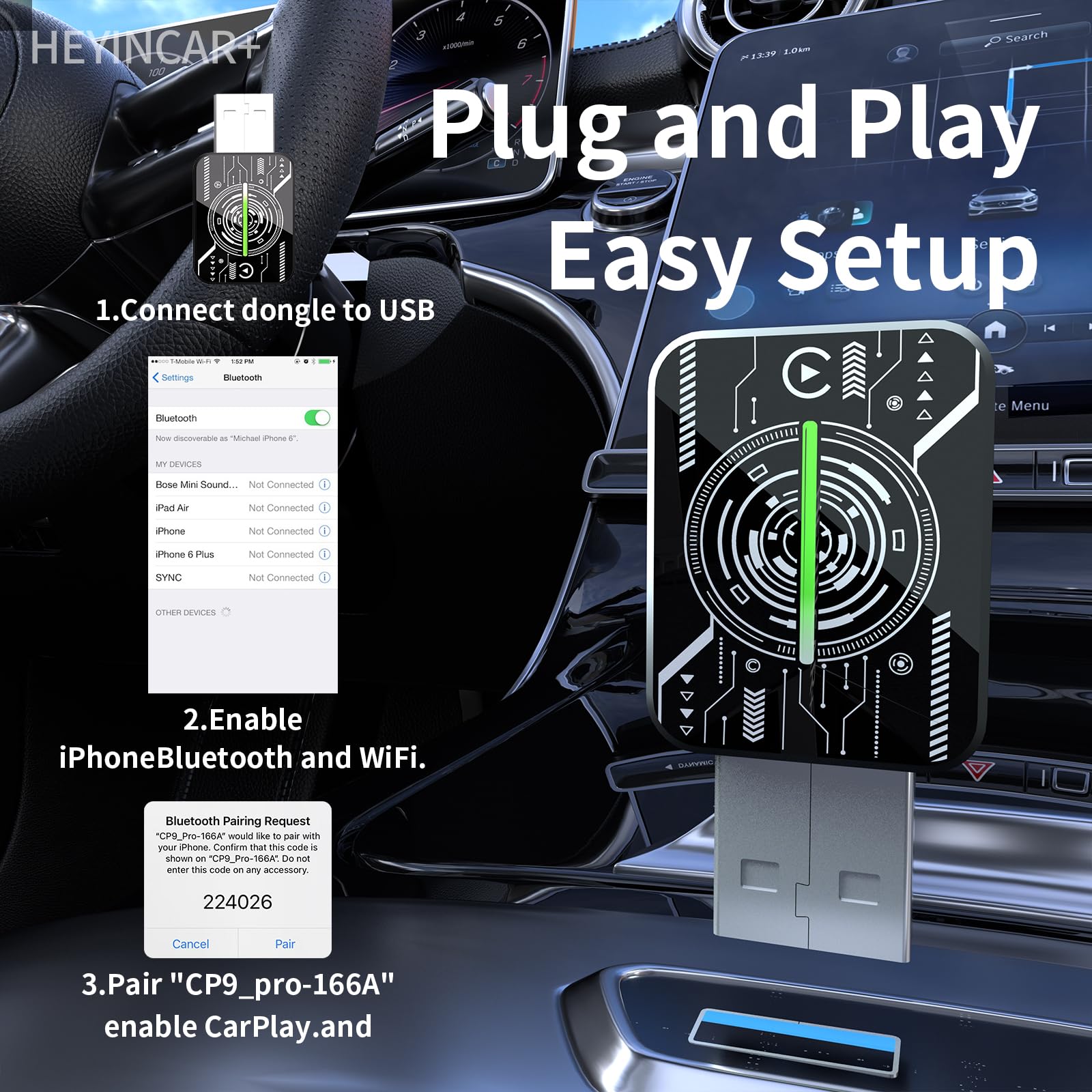HEYINCAR+ 2025 Wireless CarPlay Adapter UK, Effortlessly Convert Wired to Wireless CarPlay, Compatible with iPhone iOS 10+ & Android Auto, Mini & Stable Car Play Wireless