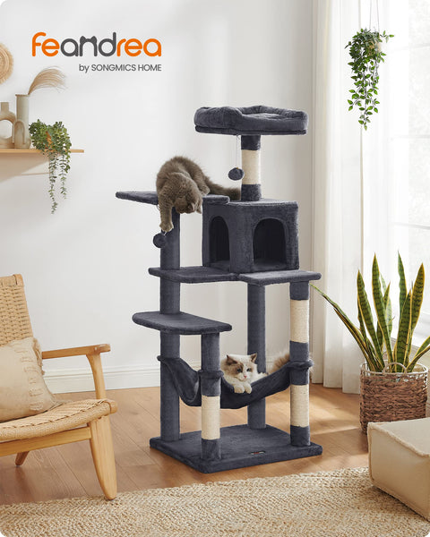 Feandrea Cat Tree, 143 cm Cat Tower for Indoor Cats, Multi-Level Plush Cat Condo with 4 Scratching Posts, 2 Perches, Cave, Hammock, Pompoms, Smoky