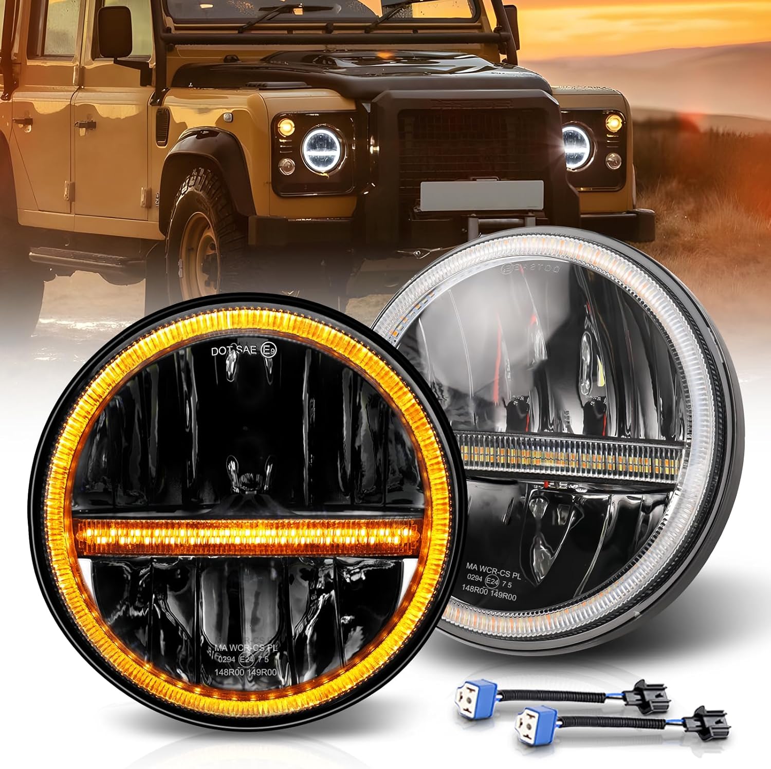 CO LIGHT 2PCS 7 Inch LED Headlight Round Amber Turn Signal White DRL High/Low Beam E-Mark Approved Compatible with Wrangler JK LJ TJ CJ 1965-1978 Escort Mk1（H4-H13 Adapter Included）