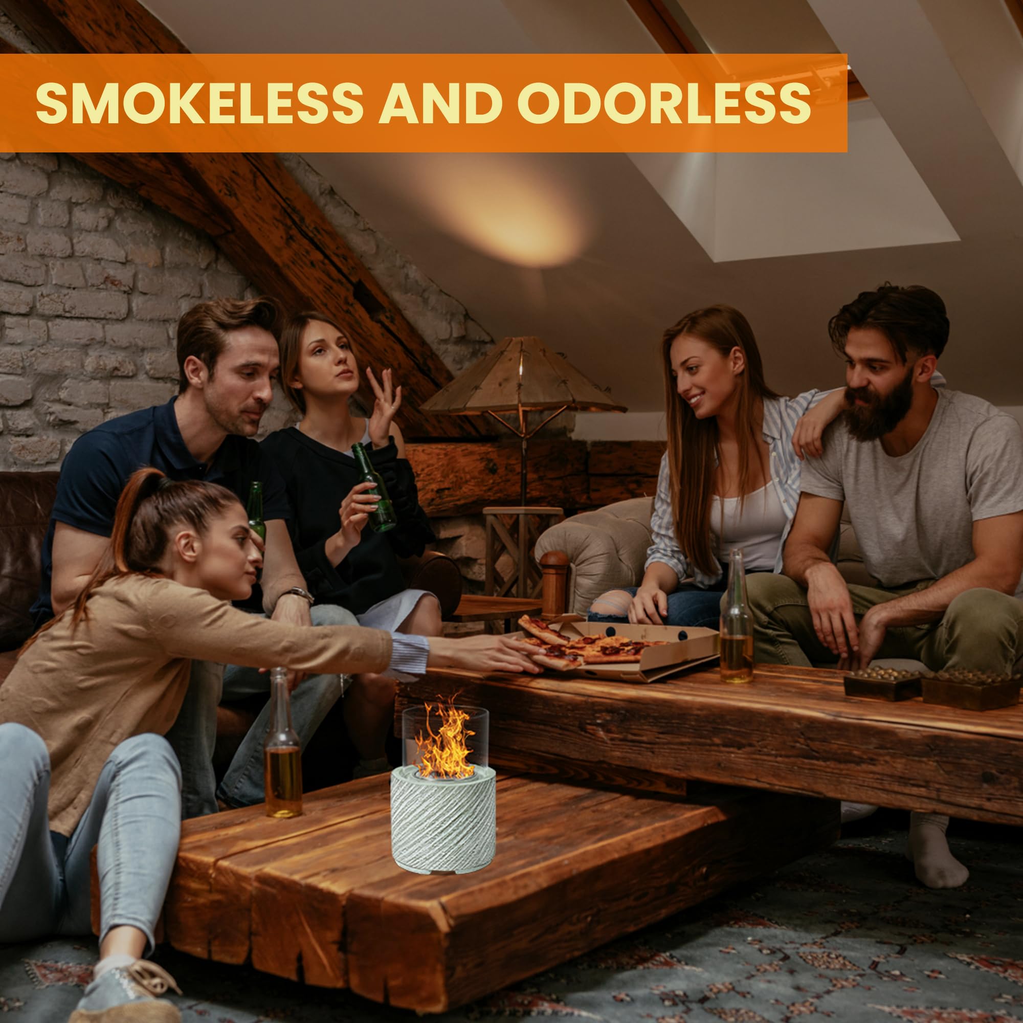 VOSSMOON Tabletop Fire Pit, Bioethanol Table Top Fire Bowl, Portable Round Fireplace indoor or Outdoor, Concrete Table Top Patio Heater Ethanol Burner with Tempered Glass for Potluck or Camping, Black