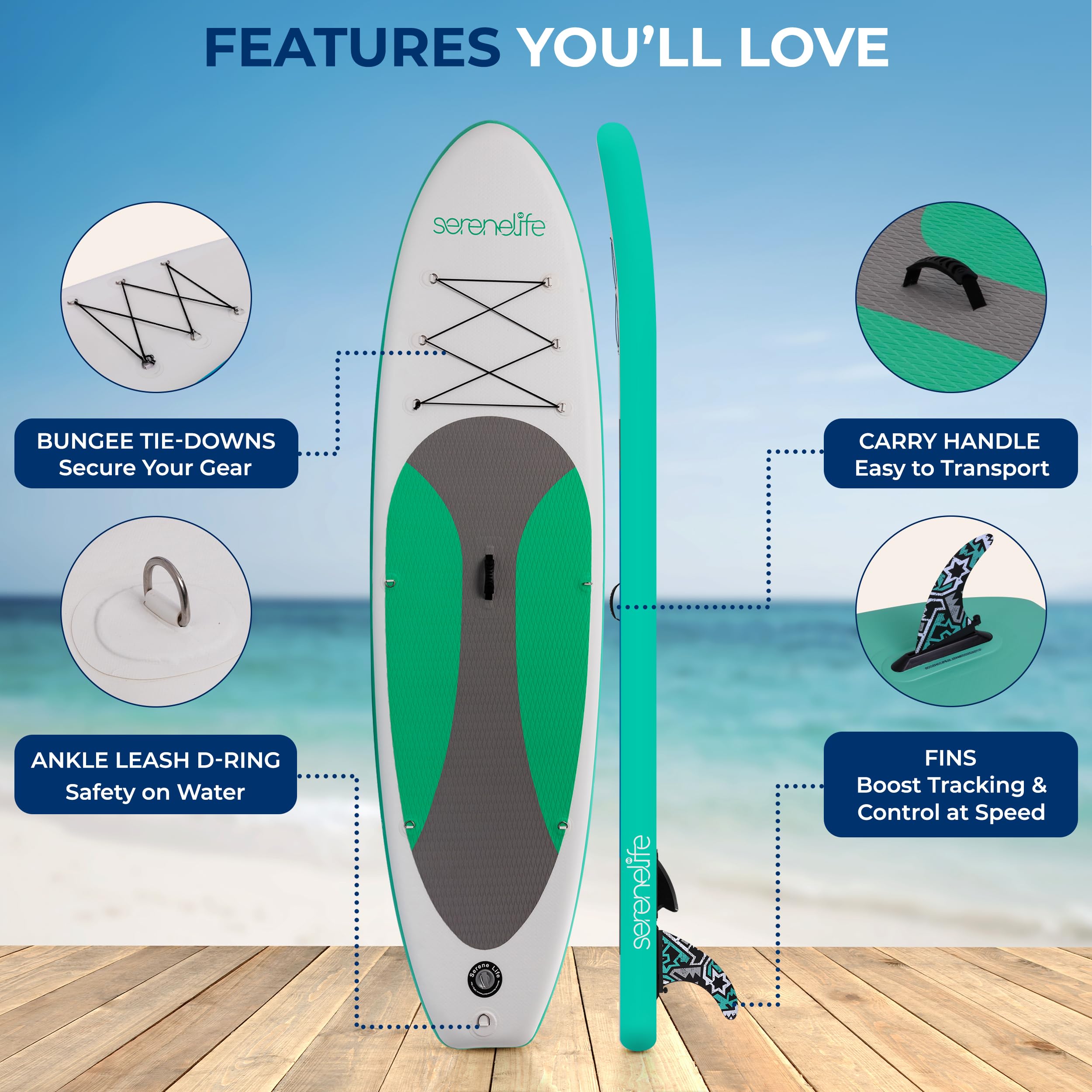 SereneLife Inflatable Stand Up Paddle Board, SUP Board- Paddleboards for Adults & Youth, Surfing Board Kit, 0.63cm Thick Standup Paddleboarding, Non-Slip Deck, Wide Stance, Surf Control w/Backpack