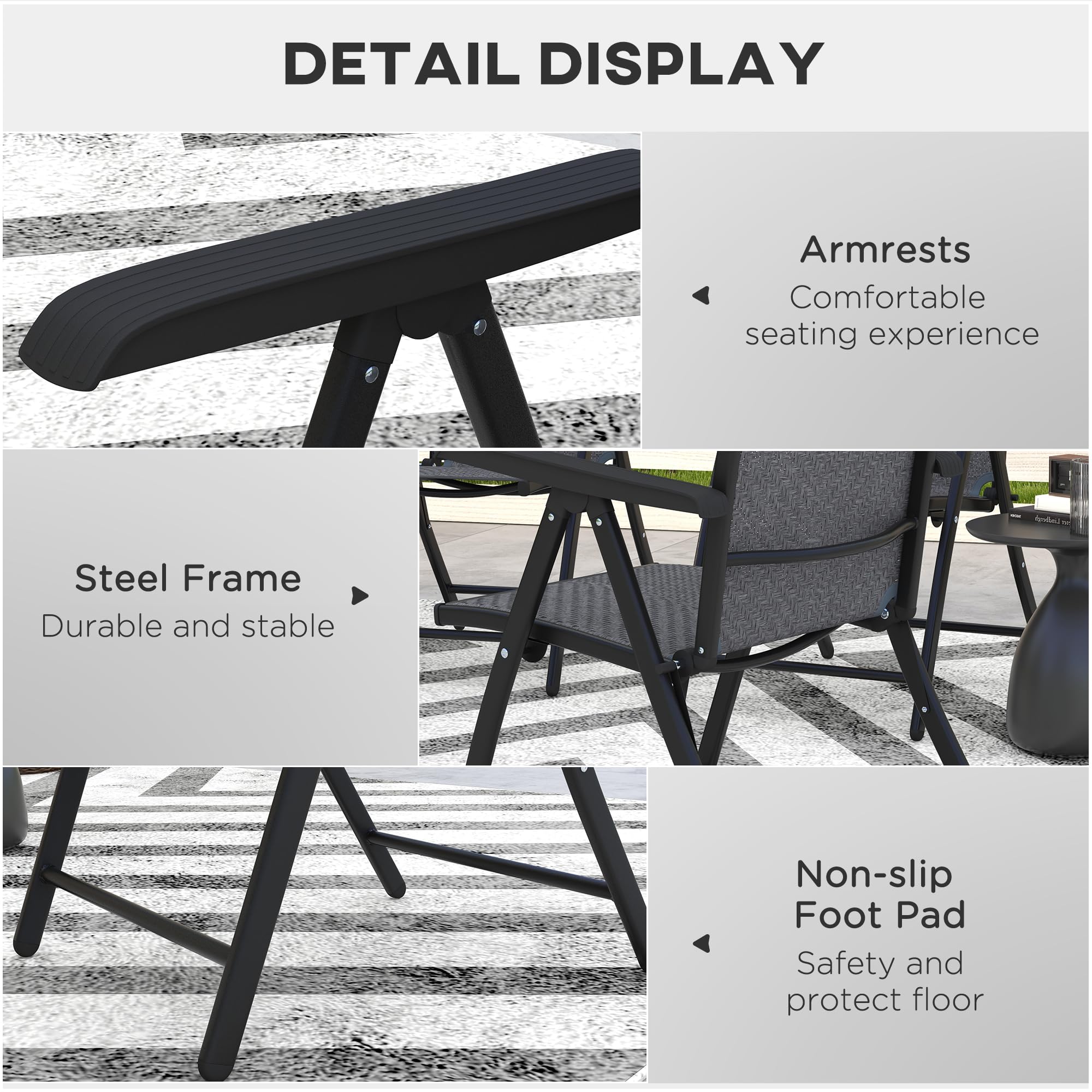 Outsunny Set of 2 Outdoor Wicker Folding Chairs, Patio PE Rattan Dining Armrests Chair set with 7 Levels Adjustable Backrest, for Outdoors, Camping, Brown