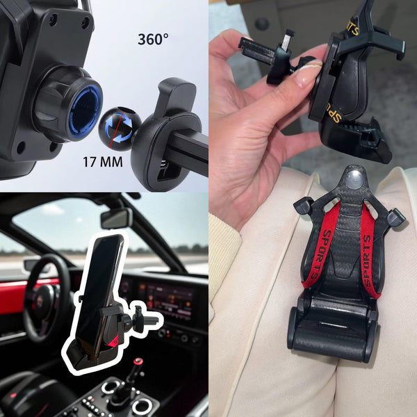 Car Phone Holder Air Vent Mount – Racing Seat Style with Safety Belt, 360° Adjustable Cradle, Universal Fit for iPhone, Samsung, Android, And More, 2025 New Auto Accessories (Red)