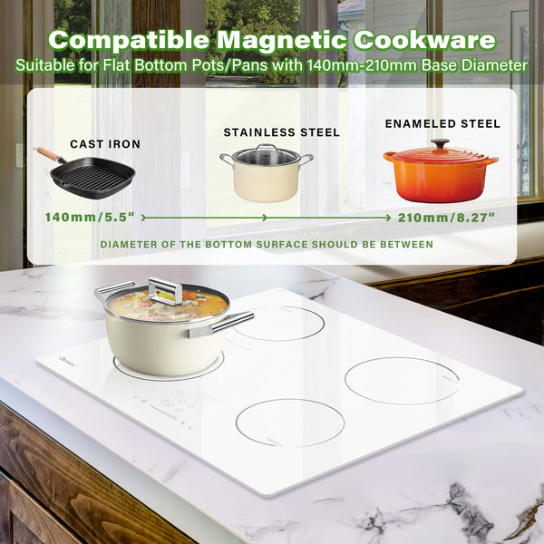 GlONlEN Plug-in Induction Hob White 13 Amp 2800W,59cm Integrated Electric Cooktop with Bridge Zone, 4 Cooking Rings,Built-in Cooker