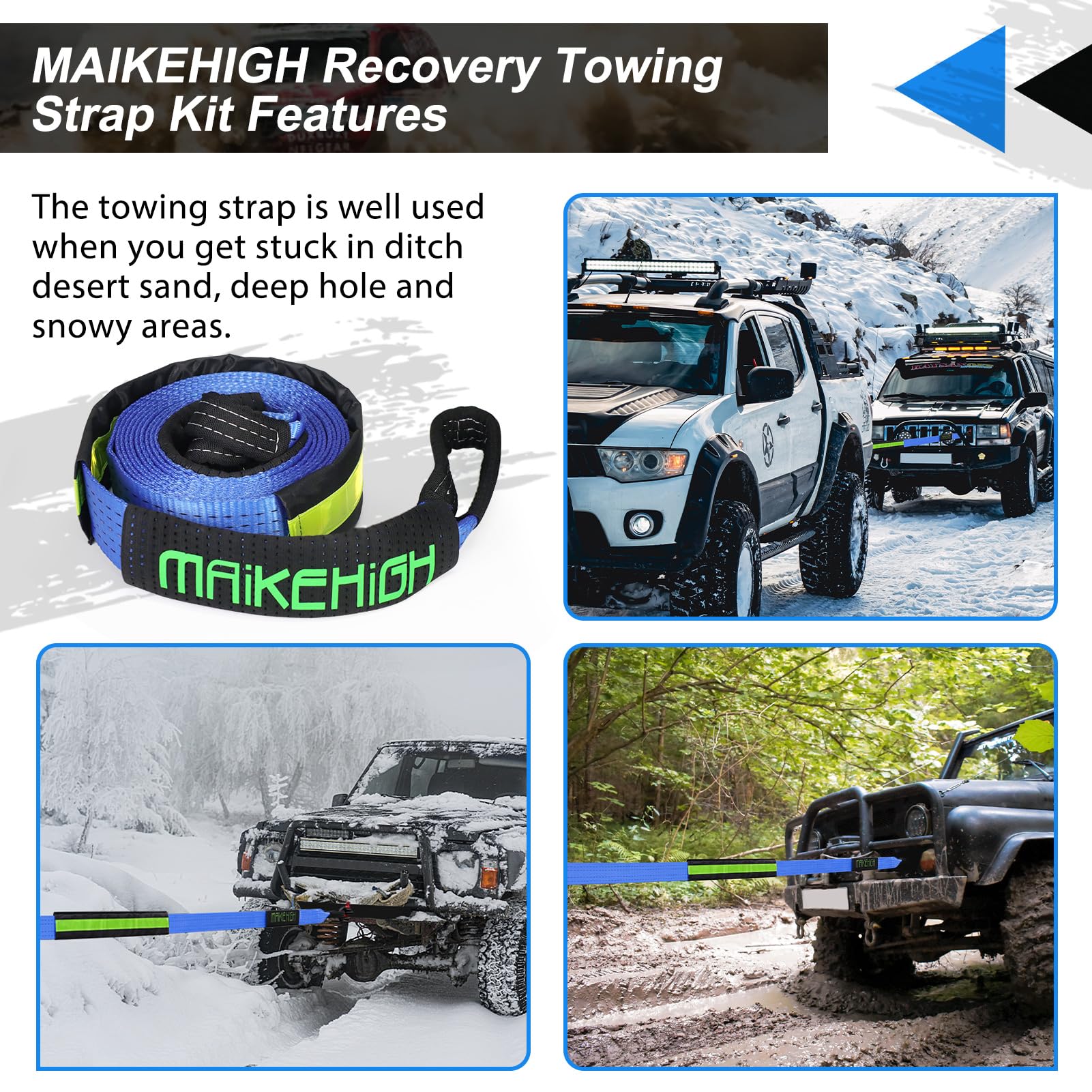 MAIKEHIGH Towing Rope 15 Ton (33,700 Lbs), 6M x 7.6cm Off-Road Recovery Tow Strap with 2 Gloves for Car, Truck, SUV, Snow (Green)