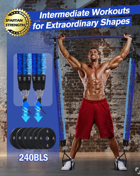 ALongSong Pilates Equipment Home Gym Workout With 6 Resistance Bands 20/40/60lbs With Protective Sleeves Pilates Bar Set Adjustable For Strengthen