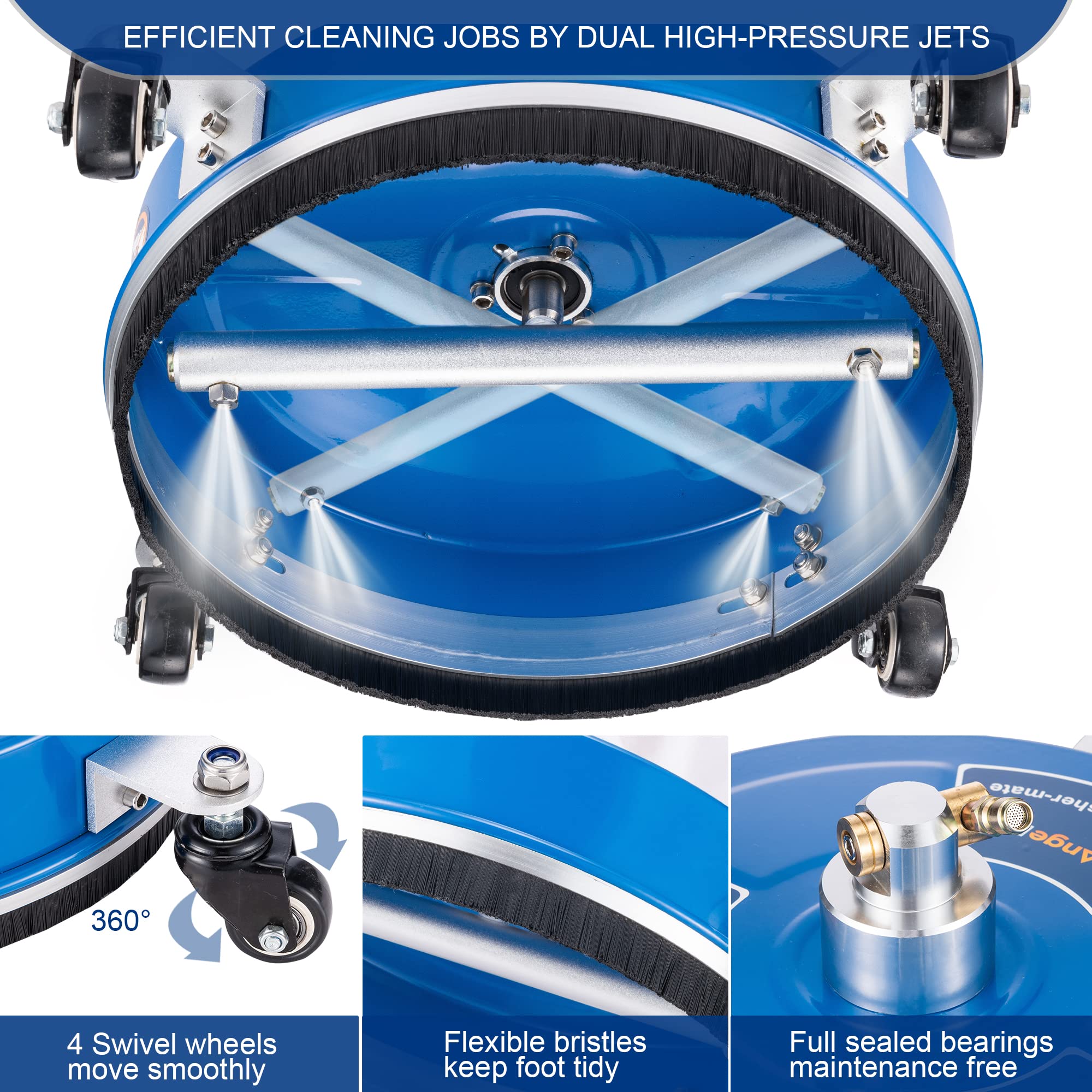 AngeDZ 14" Pressure Washer Surface Cleaner Attachment with 4 Wheels, 1/4" Quick Connector, 2 Extension Wands, 14 Inch Stainless Steel Painted Housing