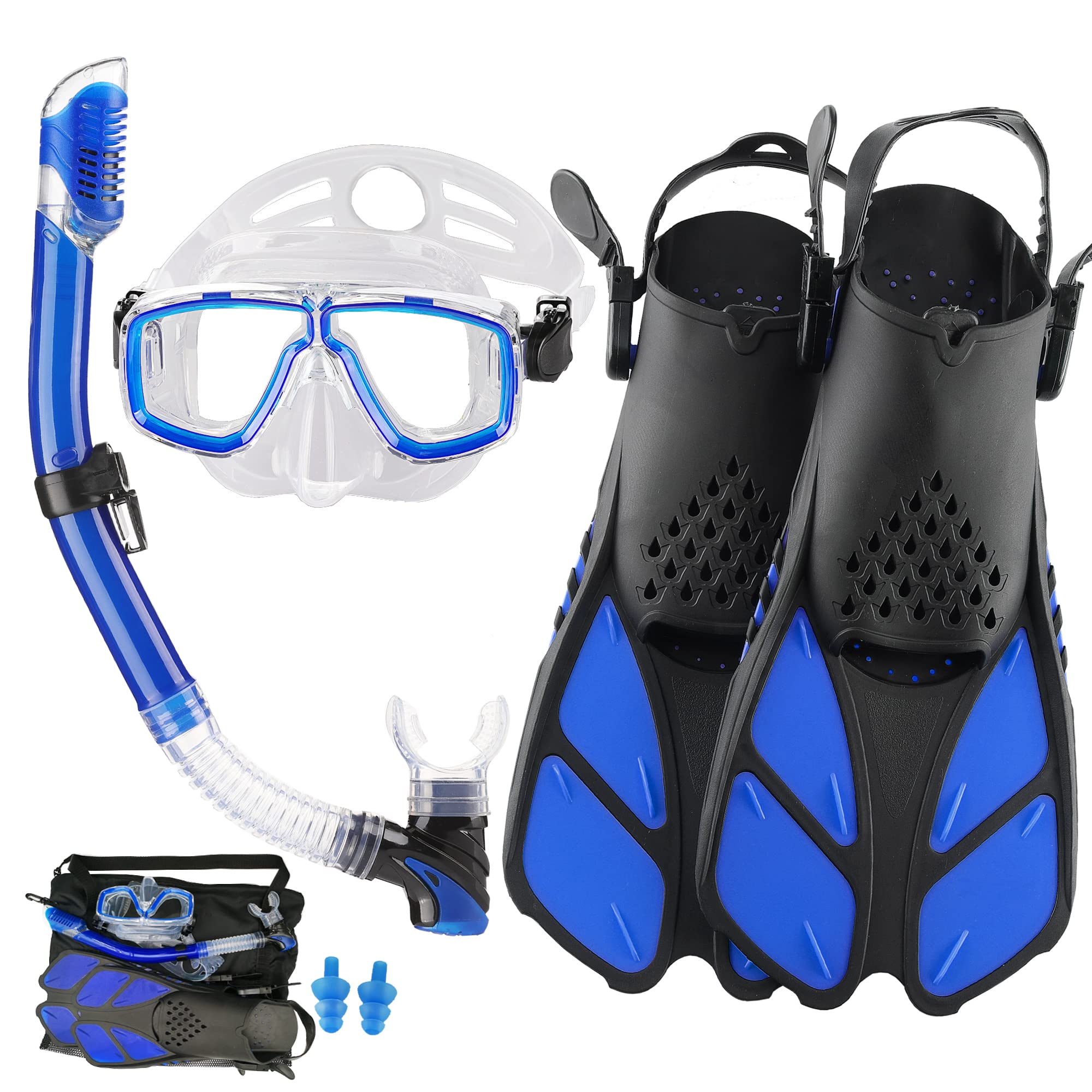 HH HHAO SPORT Adult Snorkel Set with Fins, Travel Size Snorkel Equipment with Short Adjustable Flippers, Diving Mask and Dry Top Snorkel with Carry