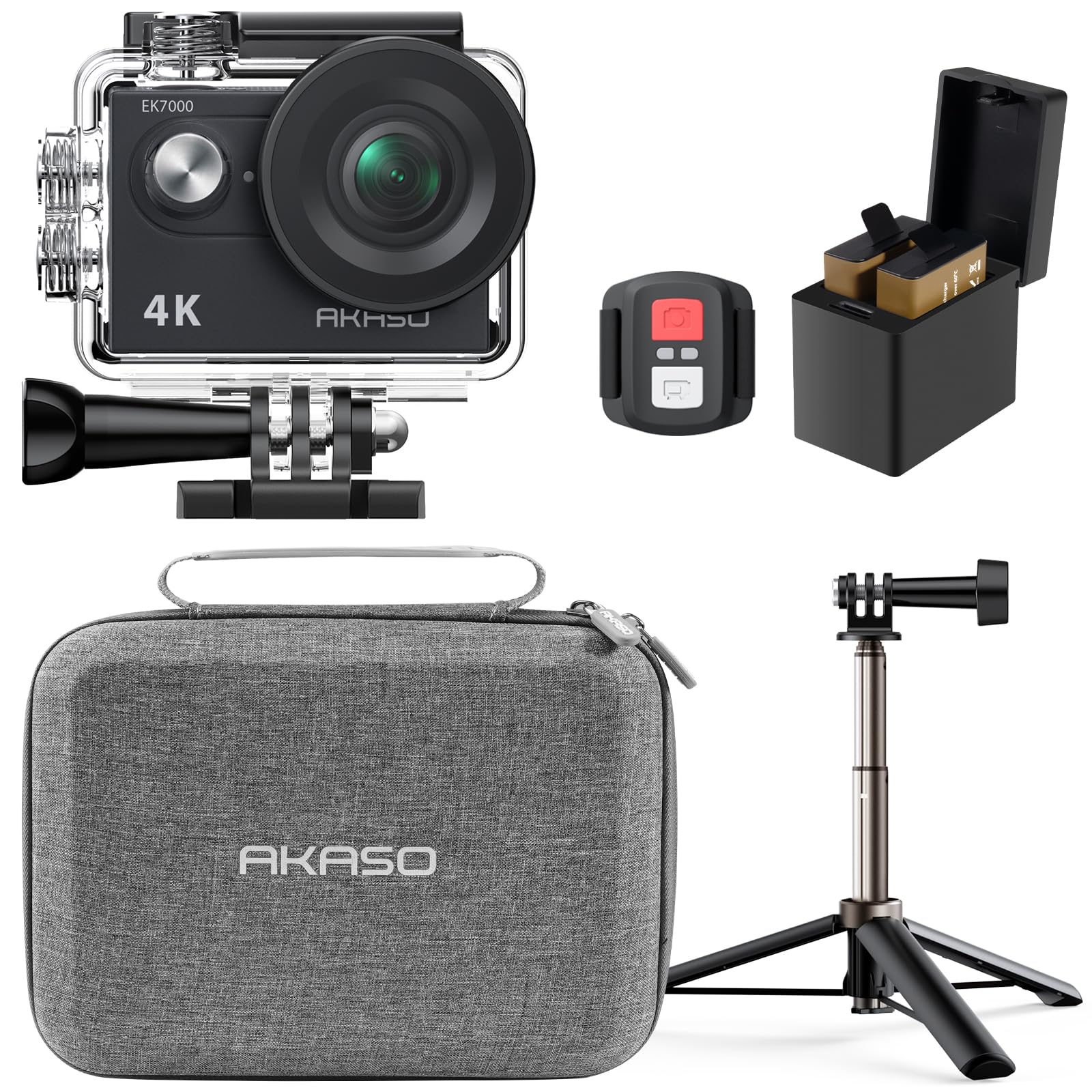 AKASO EK7000 Action Camera Floating Hand Grip Bundle - Includes 4K30FPS EK7000 Underwater Camera, Floating Hand Grip, 2 Batteries, Carrying Case, and Accessory Kits