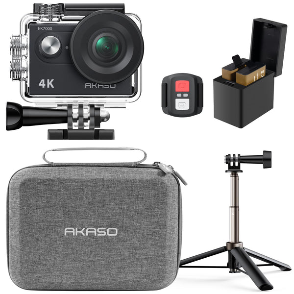 AKASO EK7000 Action Camera Floating Hand Grip Bundle - Includes 4K30FPS EK7000 Underwater Camera, Floating Hand Grip, 2 Batteries, Carrying Case, and Accessory Kits