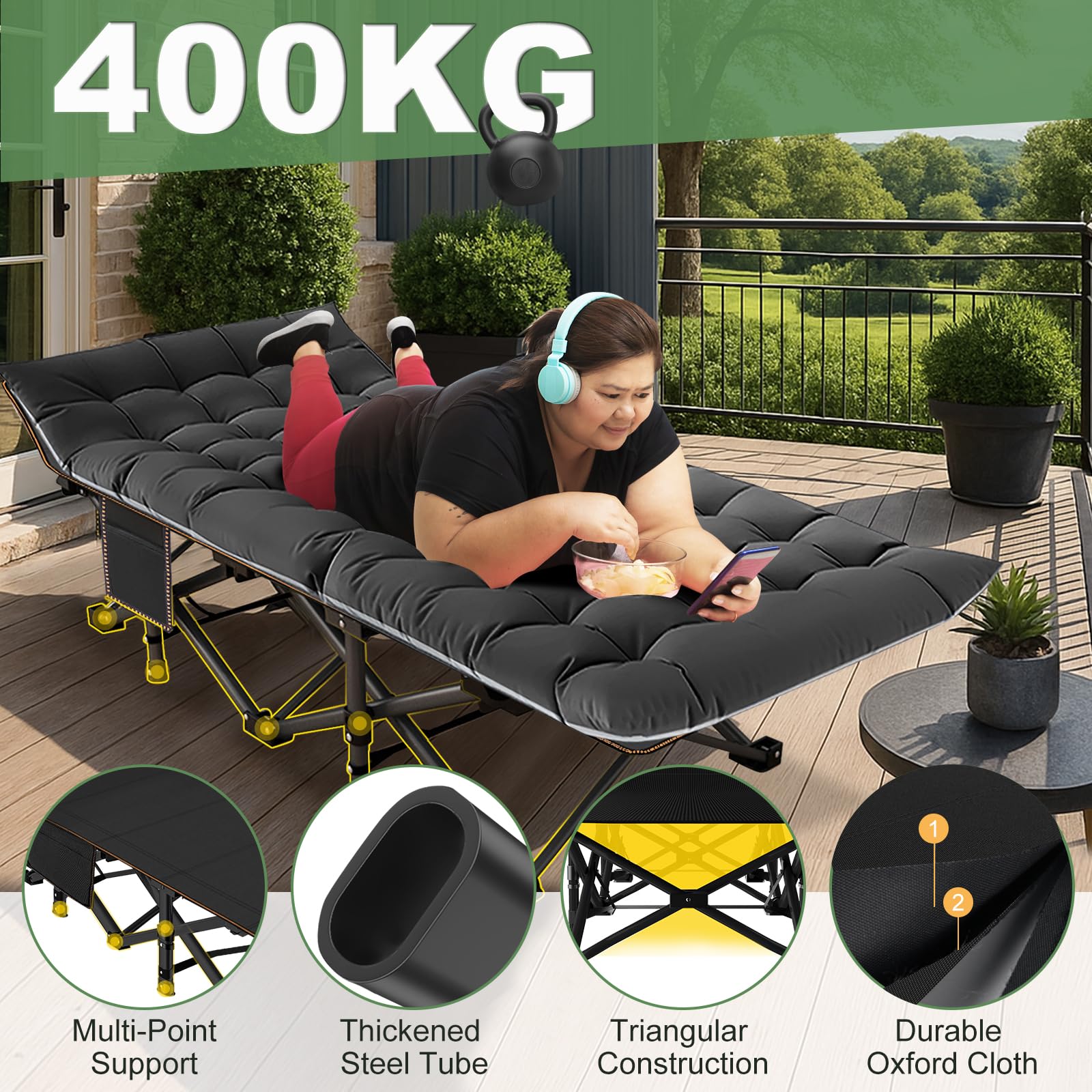 Meulbaty Oversized Folding Camp Bed with Mattress - 46cm Wide, 400KG Heavy Duty Steel Frame and Oxford Cloth, 198x81x46 cm Camping Cot, Great for Adults, Garden and Trip (XXL Black)