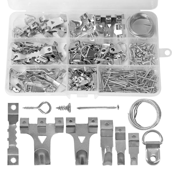 250pcs Picture Hooks Picture Hanging Kit Heavy Duty Picture Hangers with Picture Wire, Nails, Sawtooth, D Ring, Screw Eyes