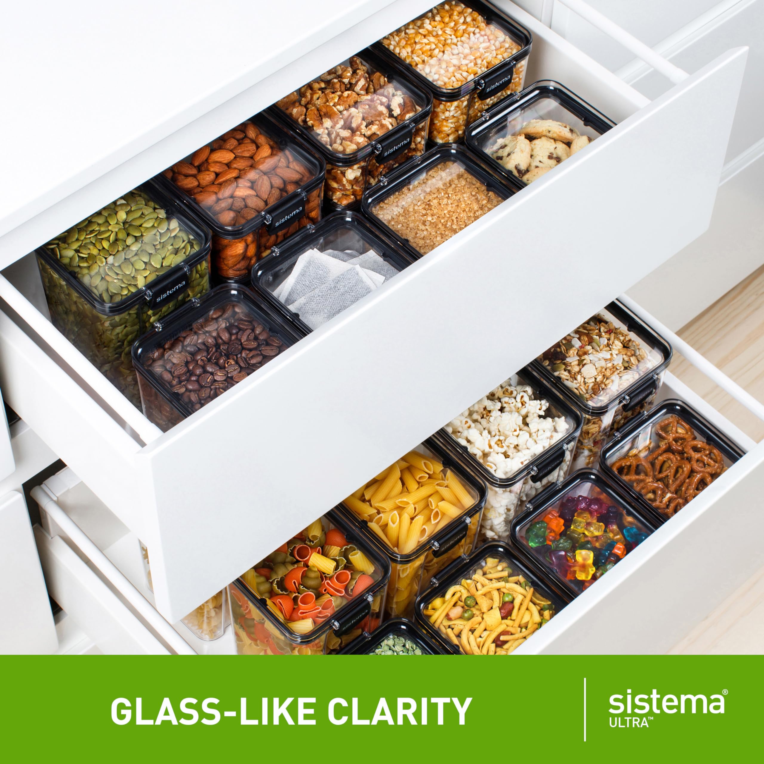 Sistema Ultra Square Airtight Pantry Storage Containers | Assorted Capacity Food Storage Solution | Stackable | Locking Clips | BPA-Free | Clear with
