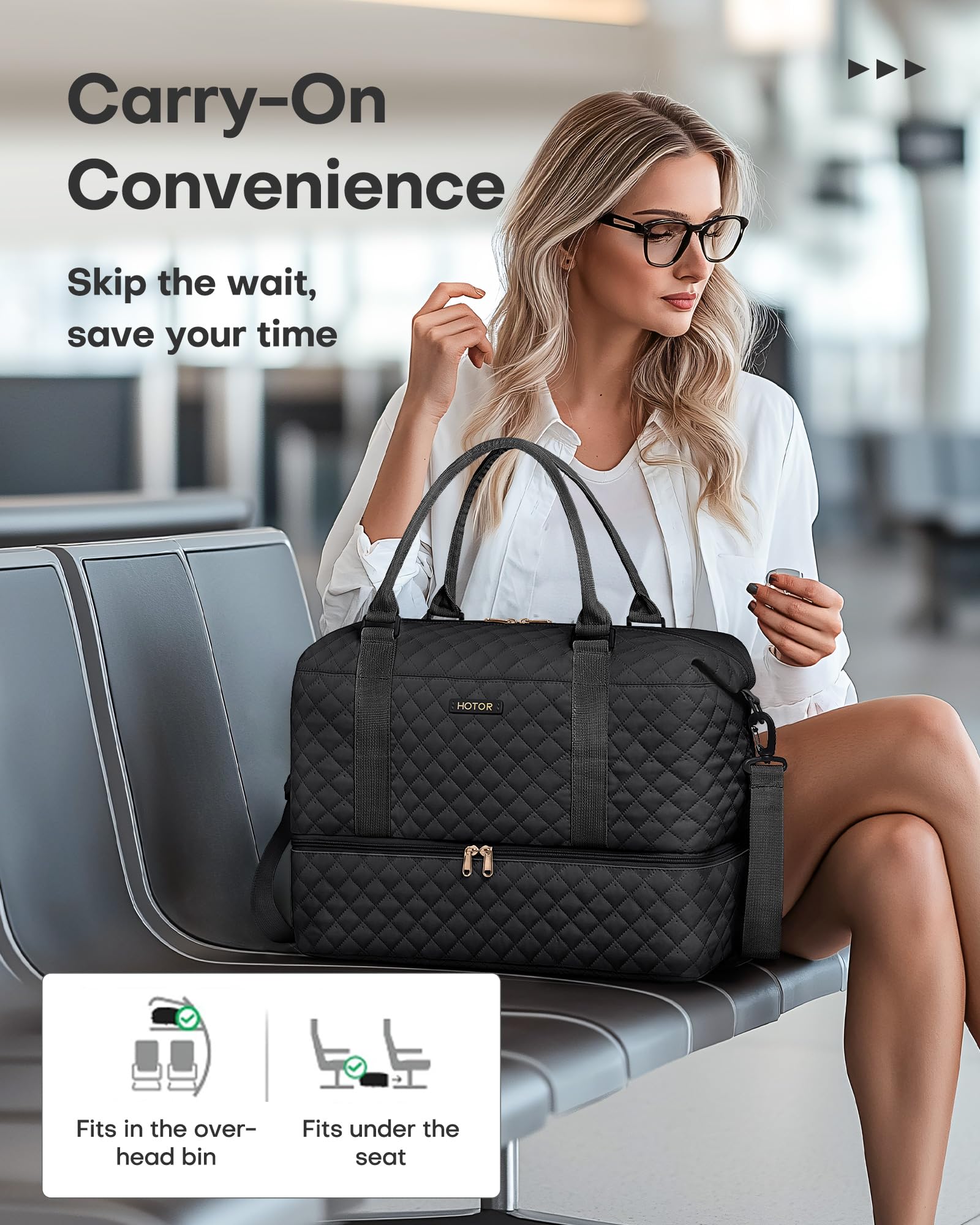 HOTOR Travel Bags for Women - Lightweight Overnight Holdall Bag, Large Carry on Luggage Weekend Bag with Shoe Compartment & Toiletry Bag, Travel Duffel Sport Gym Tote, Black, 34.0 x 45.0 x 20.0 cm