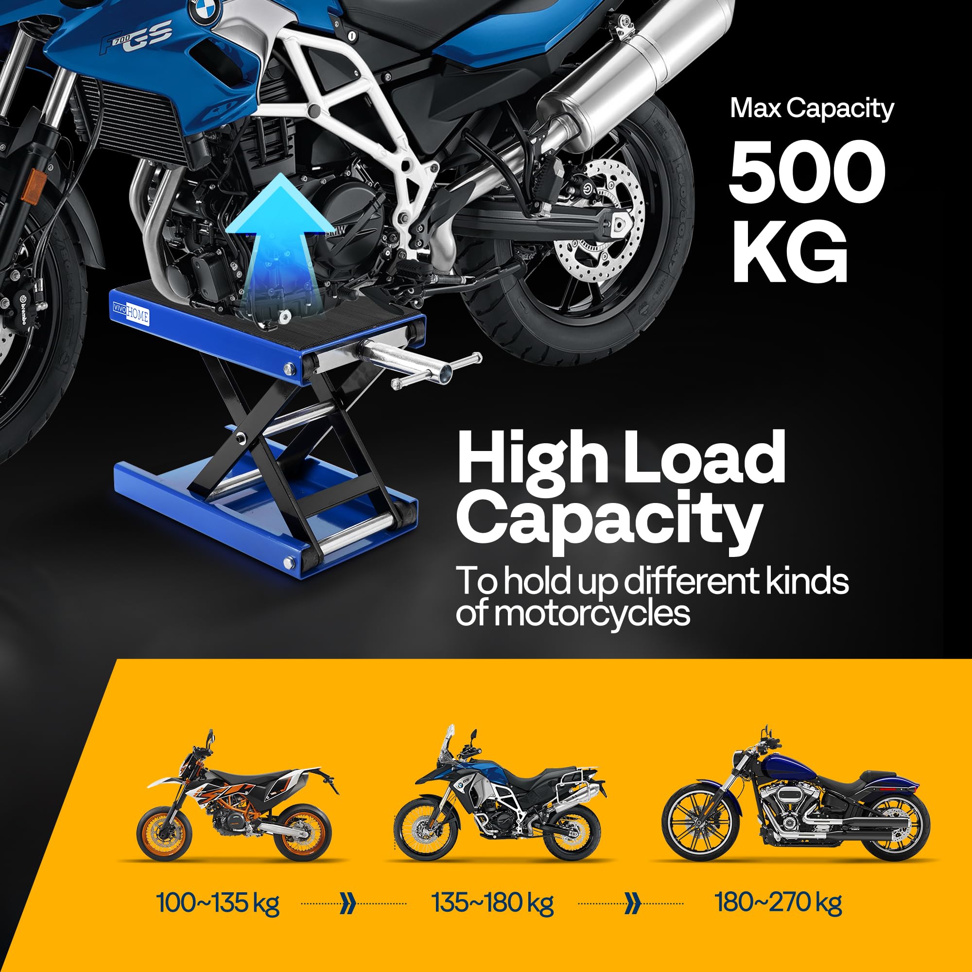 VIVOHOME Motorcycle Scissor Lift Jack Height Adjustable Heavy Duty Steel with Anti Slip Wide Deck Hoist Crank Center Stand 500KG Capacity for Motorcycles, ATVs, Dirt Bikes
