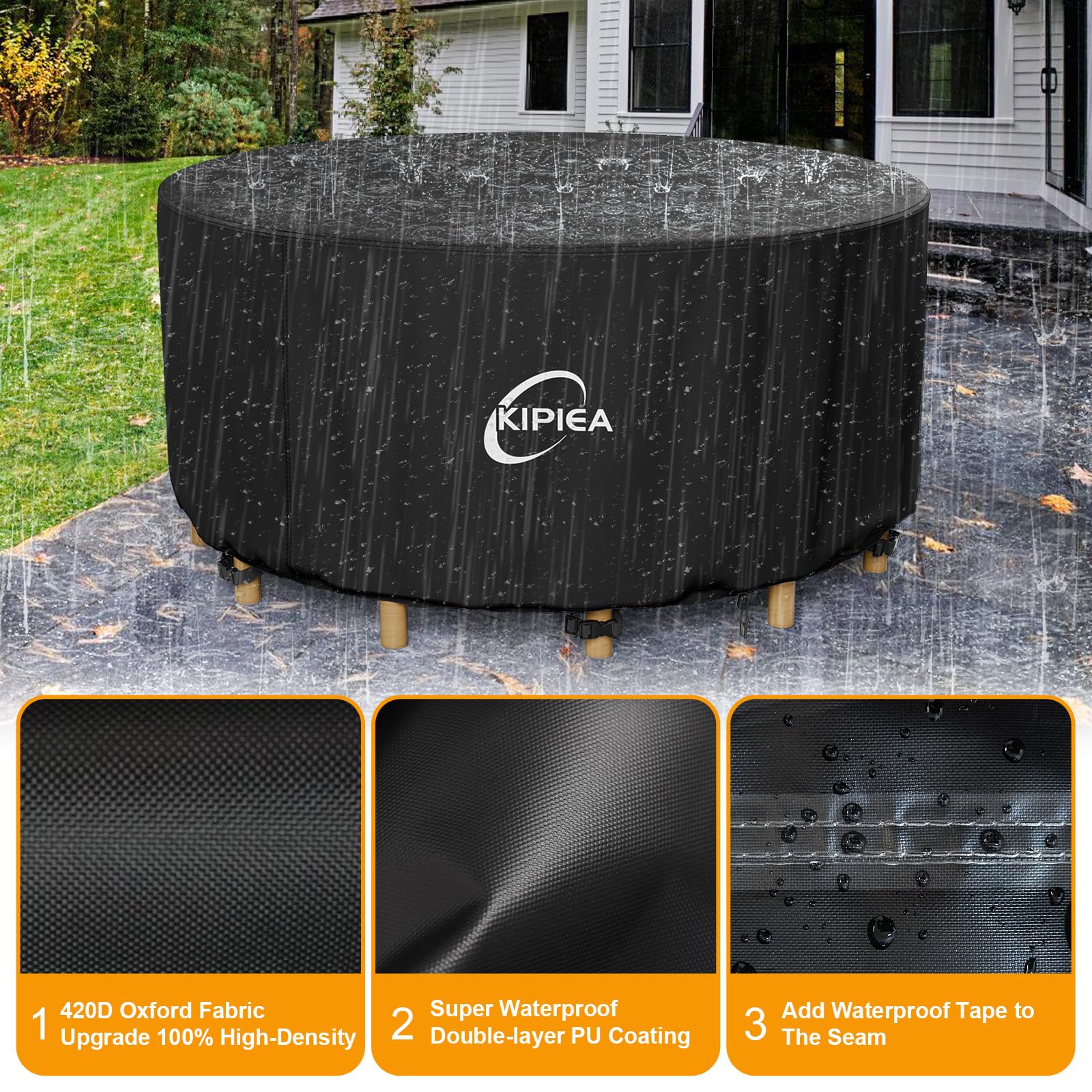 Kipiea Garden Furniture Covers Waterproof Round, Garden Table Covers with 4 Windproof Buckles, Heavy Duty 420D Oxford Fabric Outdoor Table Cover