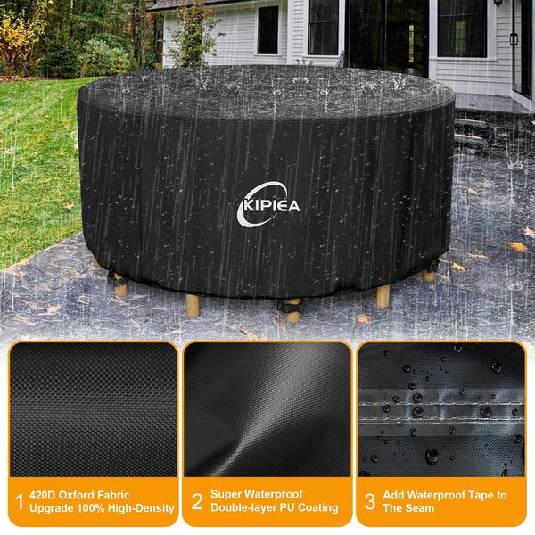 Kipiea Garden Furniture Covers Waterproof Round, Garden Table Covers with 4 Windproof Buckles, Heavy Duty 420D Oxford Fabric Outdoor Table Cover