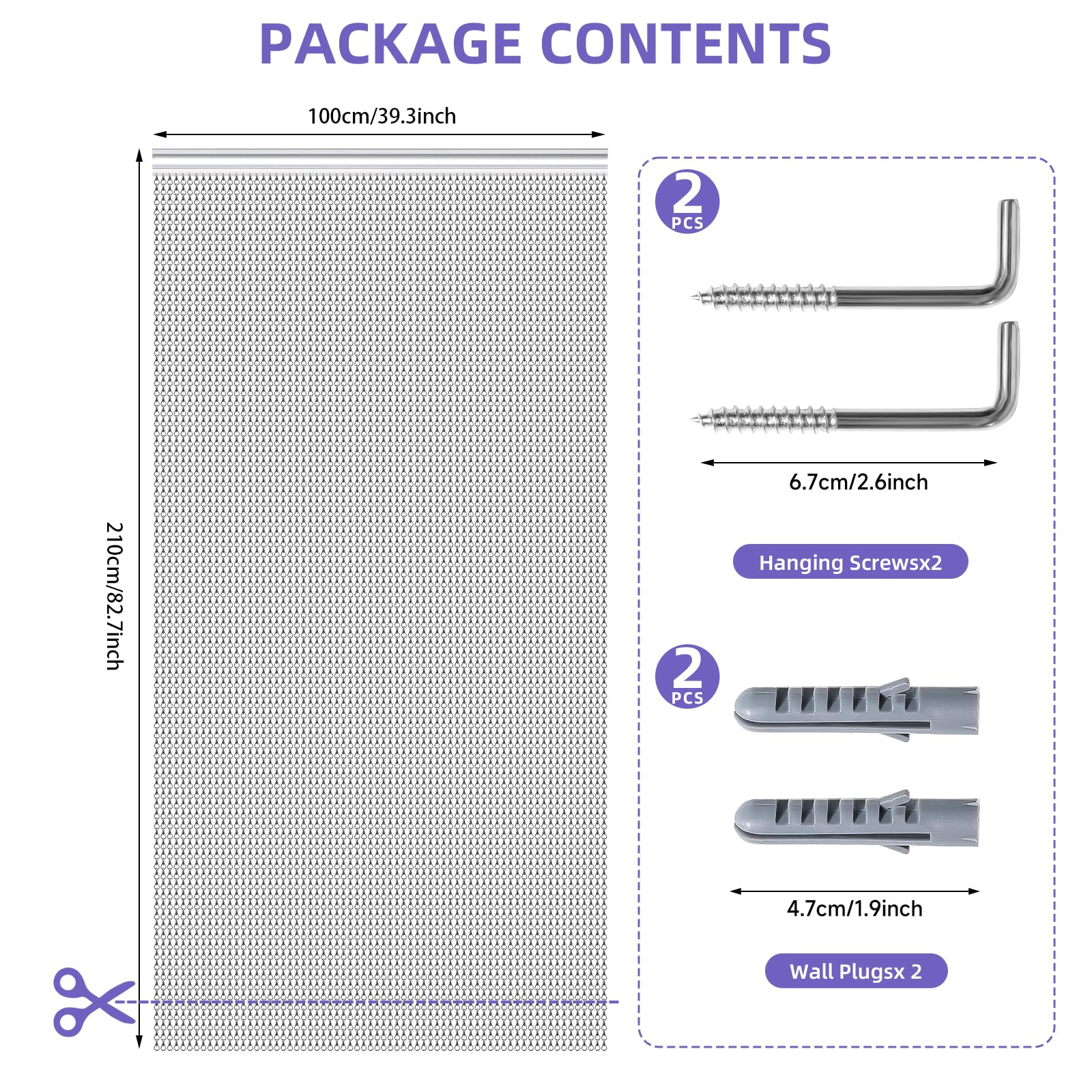Gluwoer Aluminium Chain Curtain 100 x 210cm Metal Door Fly Screens Insect Control Curtain for Doorways (Grey)