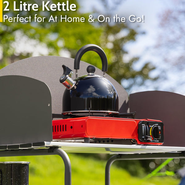 Trail 2L Whistling Camping Kettle, Polished Stainless Steel, Durable & Lightweight, Easy Pour Spout, Folding Heat Resistant Handle, Fast Boil Travel Kettle, Outdoor Fishing Hiking, 15cm x 18cm, 0.42kg