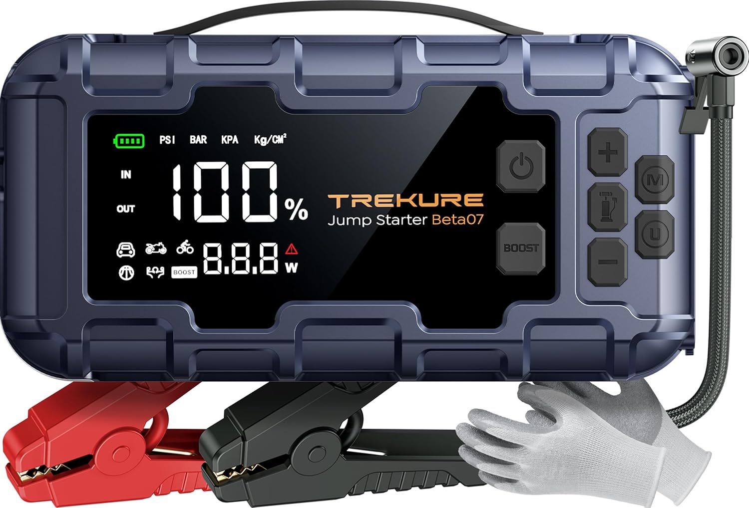 TREKURE 7-IN-1 6000A Jump Starter Power Pack with 160PSI Air Compressor, PD45W Charger with Car Battery Booster Jump Starter (all Gas/12L Diesel), Car Jump Starter Power Bank, Gloves, Lights, QC3.0