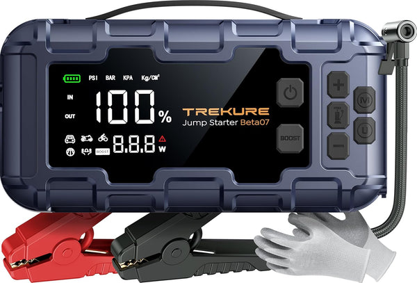 TREKURE 7-IN-1 6000A Jump Starter Power Pack with 160PSI Air Compressor, PD45W Charger with Car Battery Booster Jump Starter (all Gas/12L Diesel), Car Starter Power Bank, Gloves, Lights, QC3.0