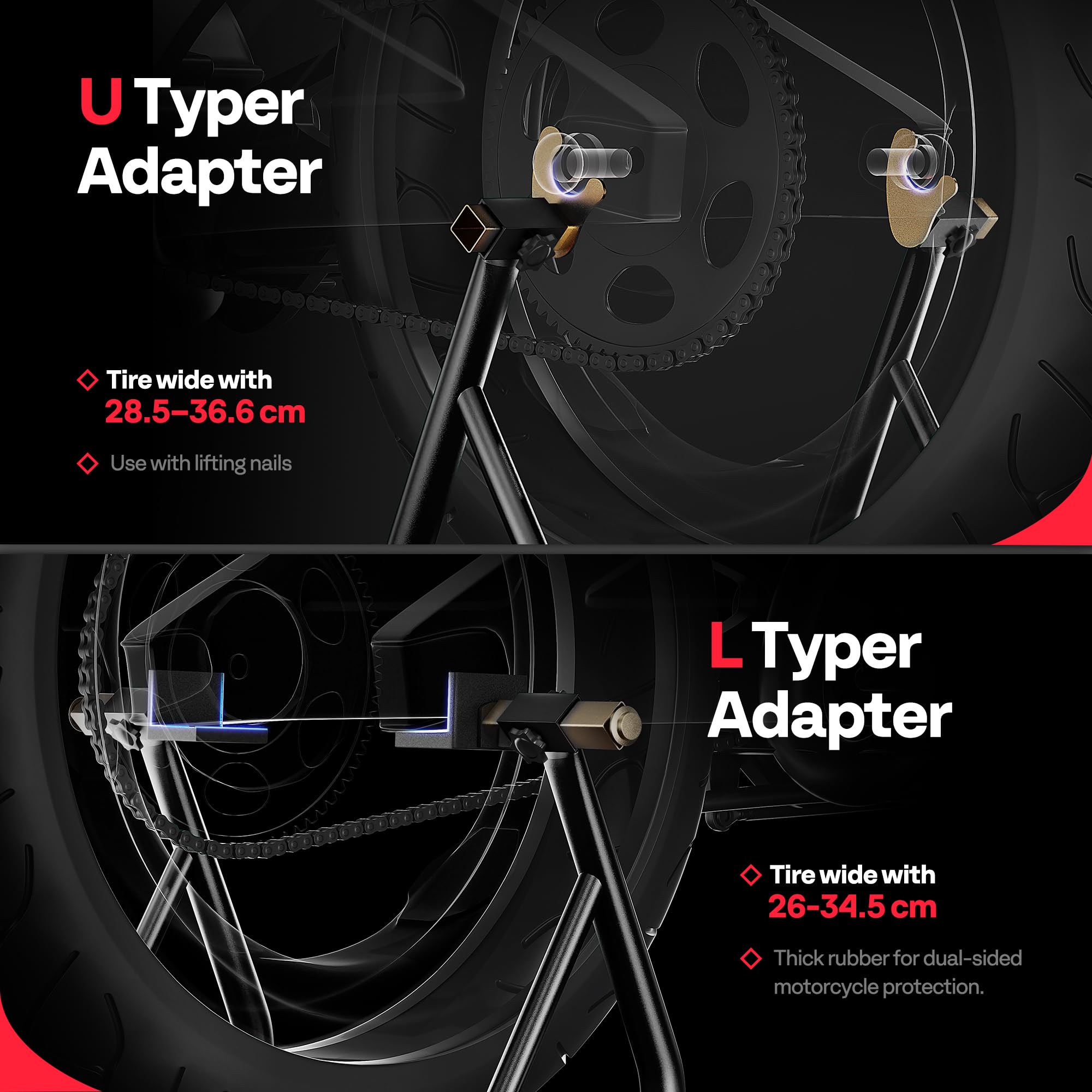 SPECSTAR Motorcycle Paddock Stand Combo 400kg Capacity Front and Rear Wheel Lift with U & L Fork Adjustable Swingarm Spool Stands for Motorbike Garage Repair Use Scissor Stand with 4 Wheels