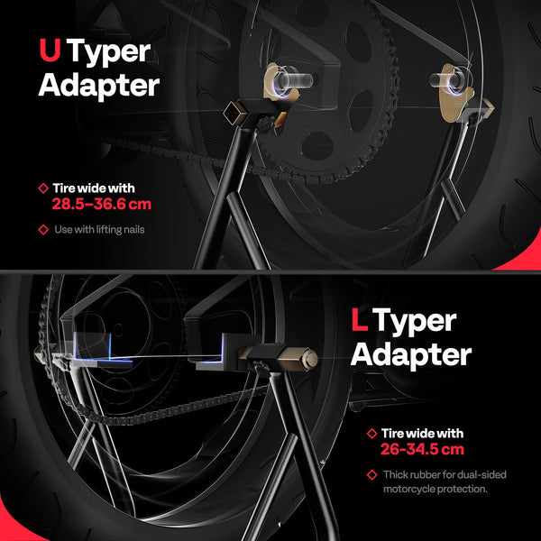 SPECSTAR Motorcycle Paddock Stand Combo 400kg Capacity Front and Rear Wheel Lift with U & L Fork Adjustable Swingarm Spool Stands for Motorbike Garage Repair Use Scissor Stand with 4 Wheels