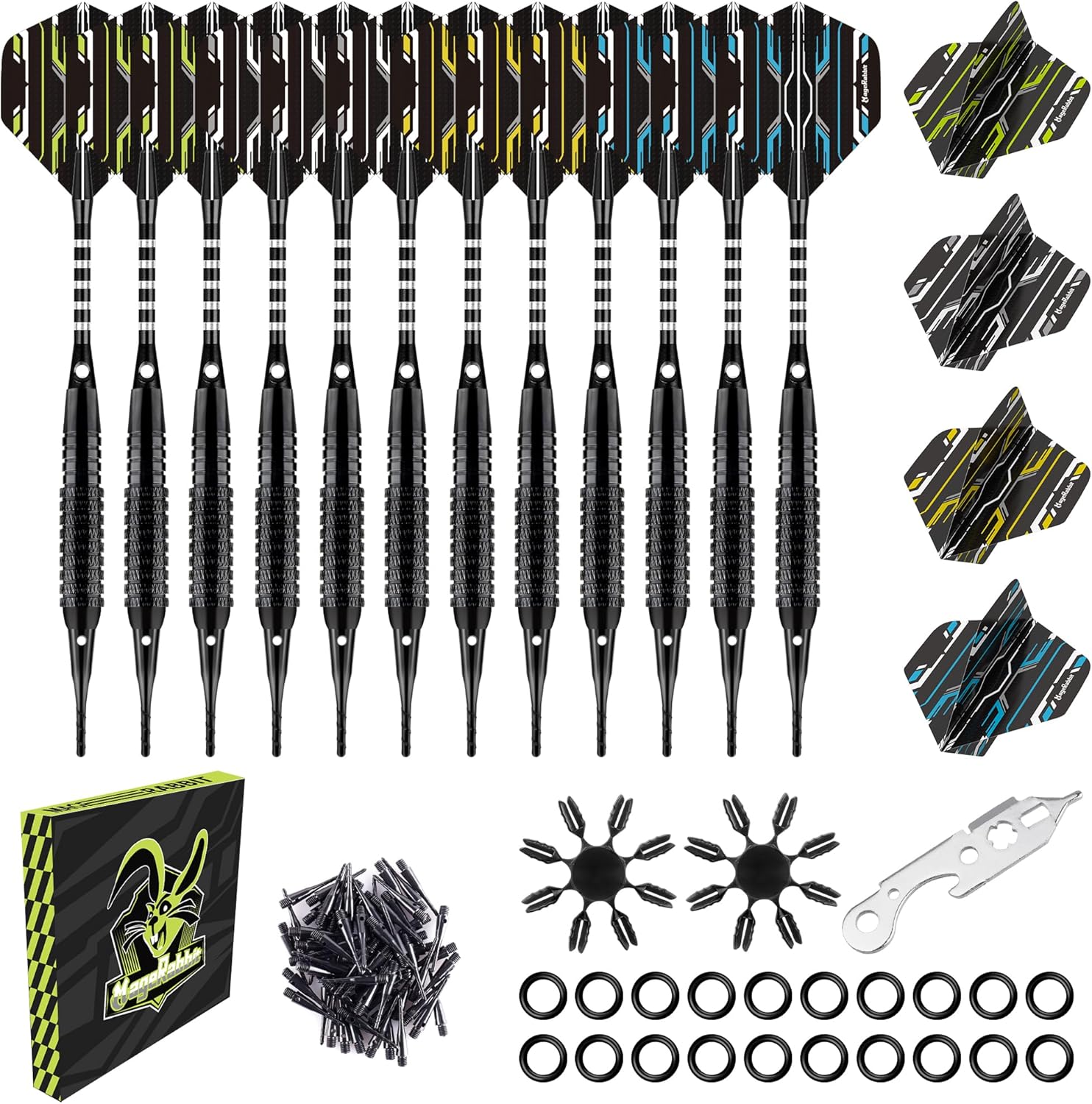 MageRabbit Soft Tip Darts - 12pcs 18g with 50 Extra Tips & 16 Flight Protectors, Includes Wrench for Electronic Dart Board