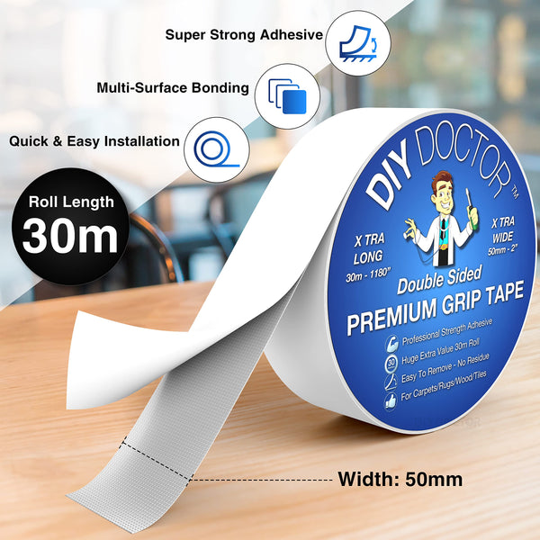 DIY Doctor Heavy Duty Double Sided Carpet Tape – 20m long x 21mm wide, No Residue Extra Strong Sticky Rug Grip Adhesive Tape, Ideal for Home & Professional Use