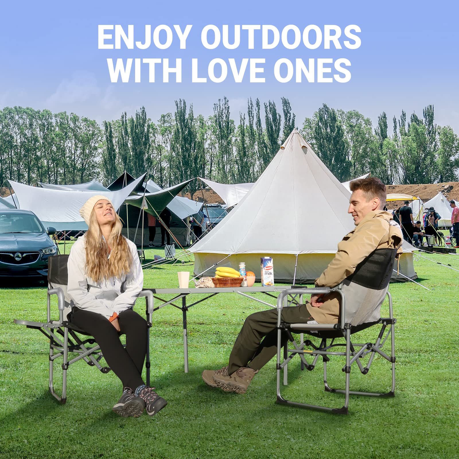 KingCamp Folding Camping Chairs for Adluts Heavy Duty Directors Chair with Cooler Bag and Side Table Support up to 150KG